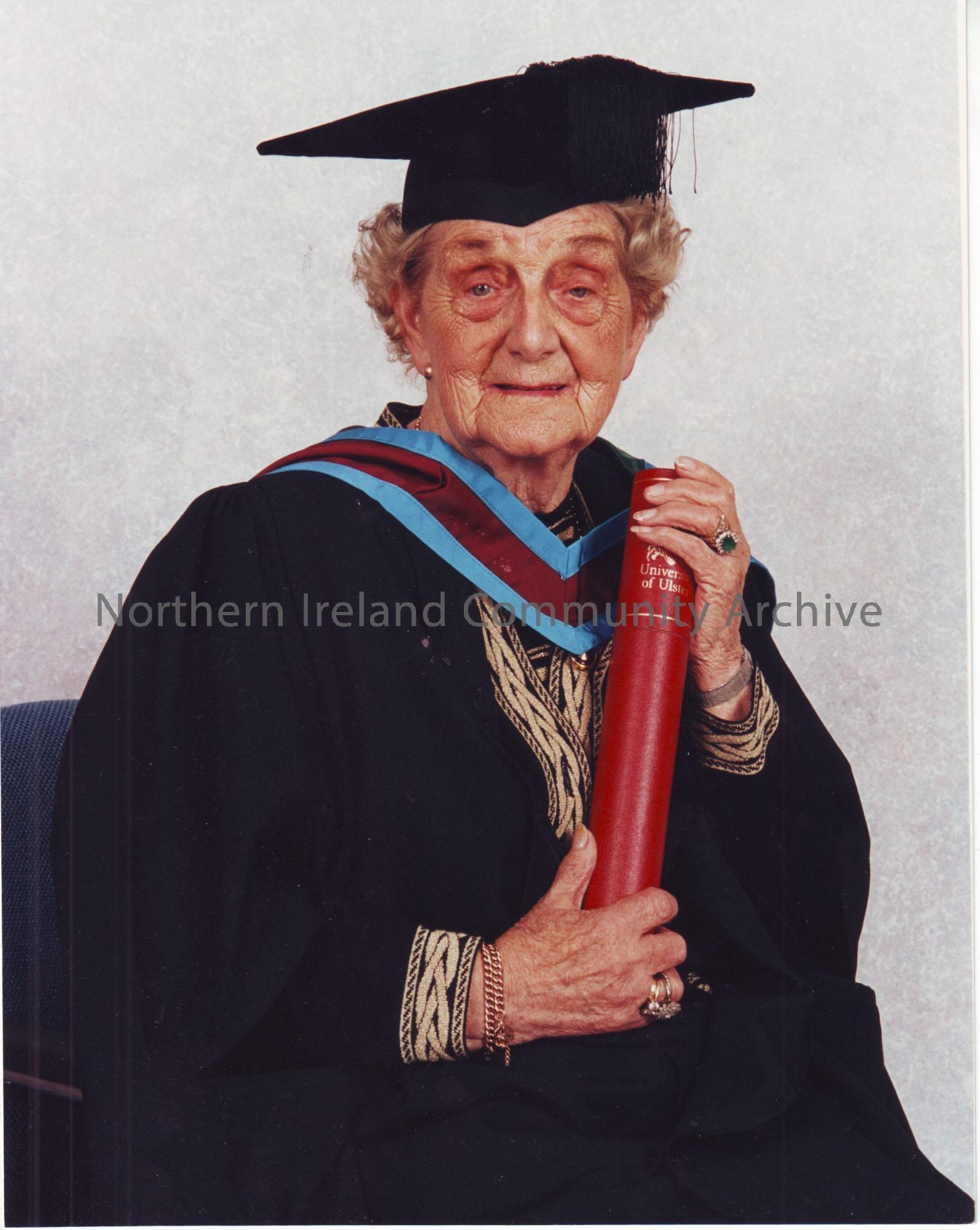 Material relating to Elizabeth Craig- official graduation photograph of Mrs Elizabeth Craig with her honorary degree of Master of the University of Ul…