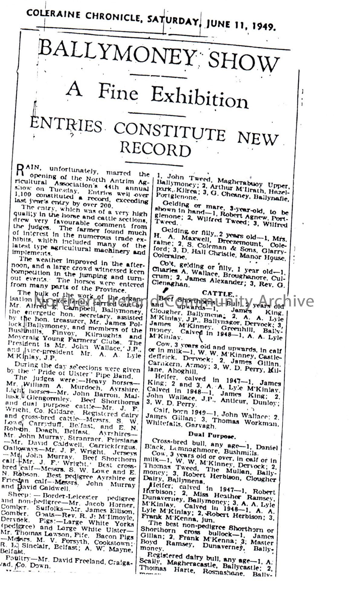 Coleraine chronicle, Saturday, June 11, 1949, Ballymoney Show, A fine exhibition, Entries constitute new record.