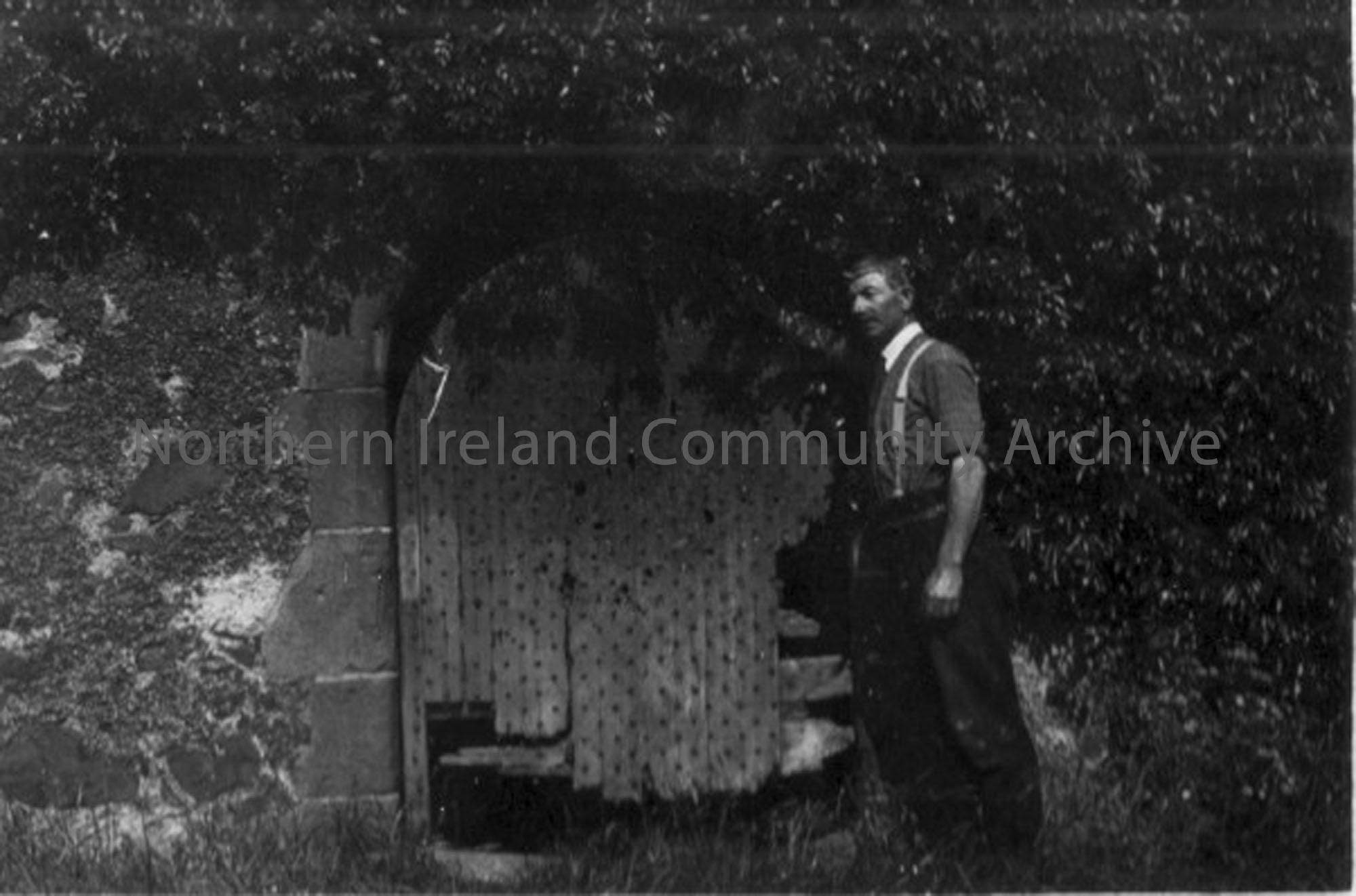 Davey McBride, caretaker of old church tower, Ballymoney. Davey was also the caretaker of the new cemetery on Market Street and lives in the house on …