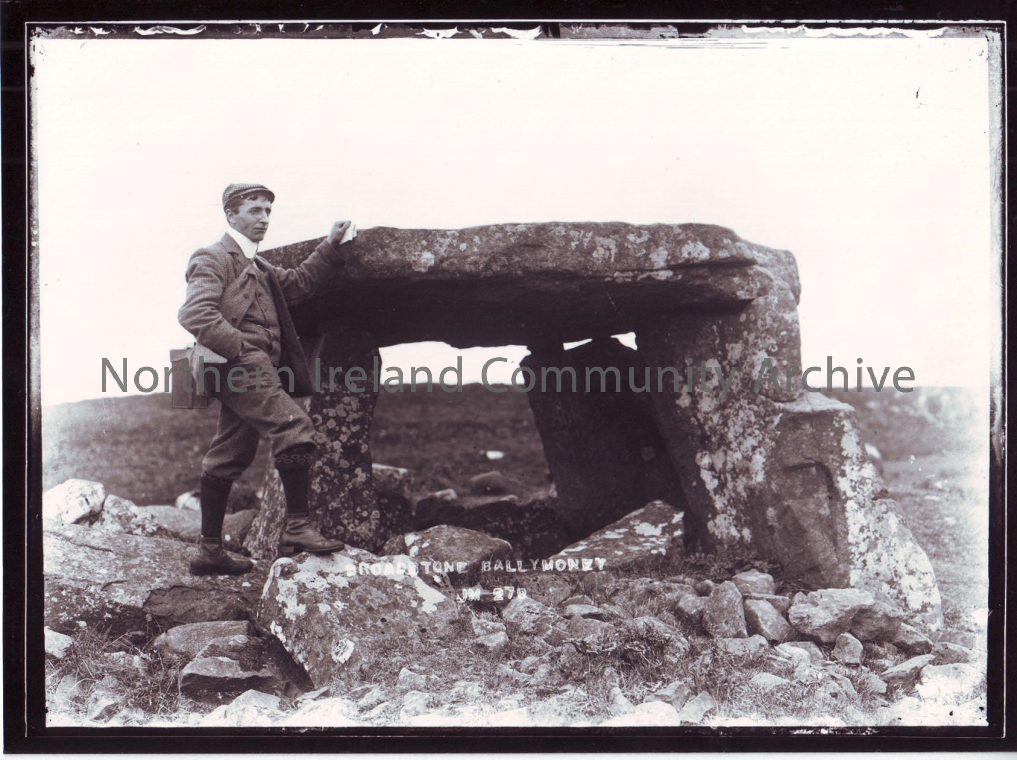 photograph of the Broad stone, Finvoy. Taken from a glass slide in owner’s possession. ‘Jim’ may be mack photography studio, Brook St, Coleraine, Late…