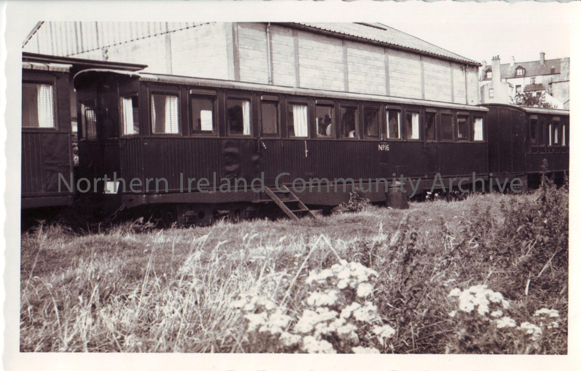 Photograph of caravan coaches at Ballycastle station after the line had closed.