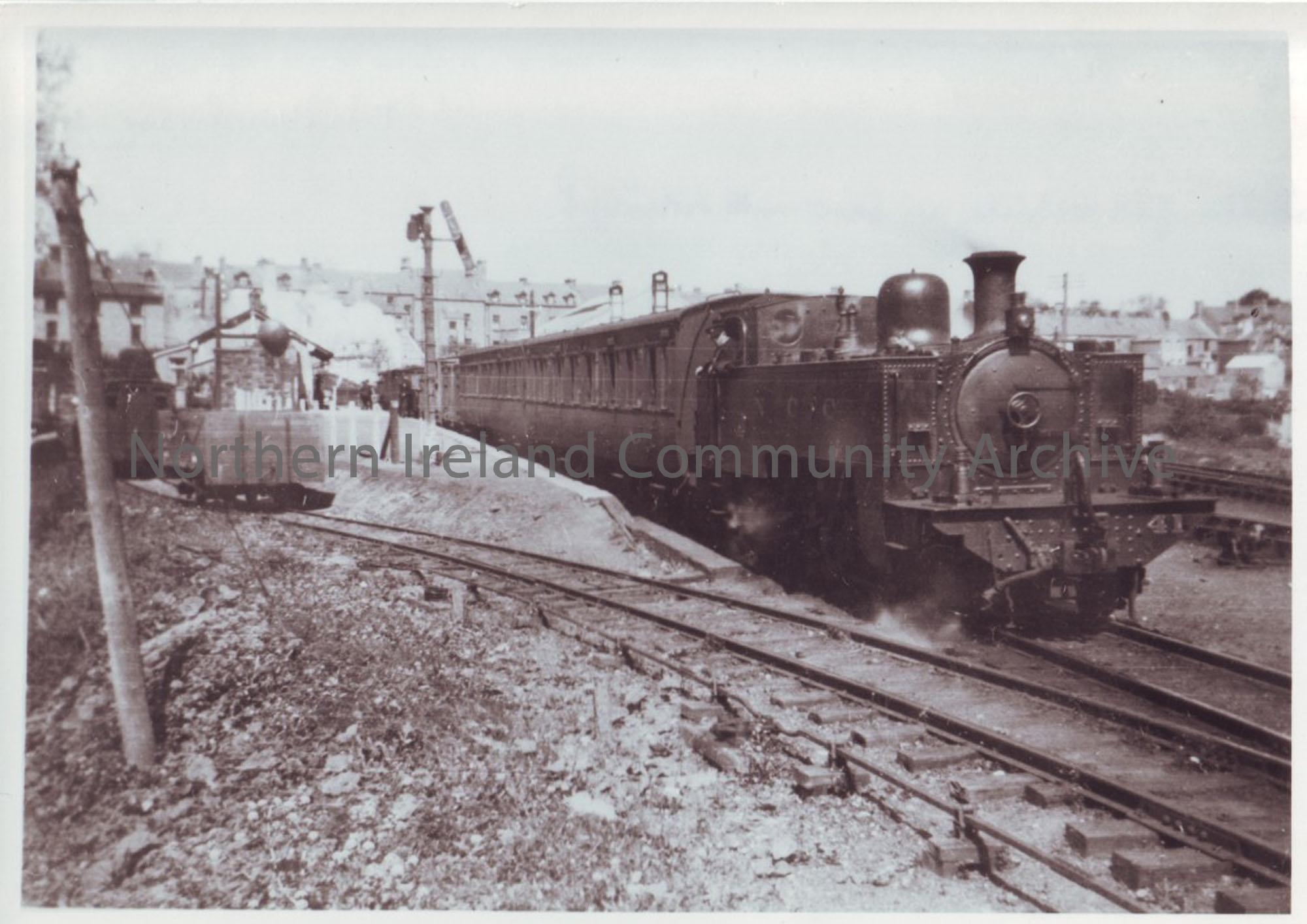 Photograph of the Ballycastle to Ballymoney service about to leave, May 1946. Far vehicle in sawmill may be spare Brown Brake Van