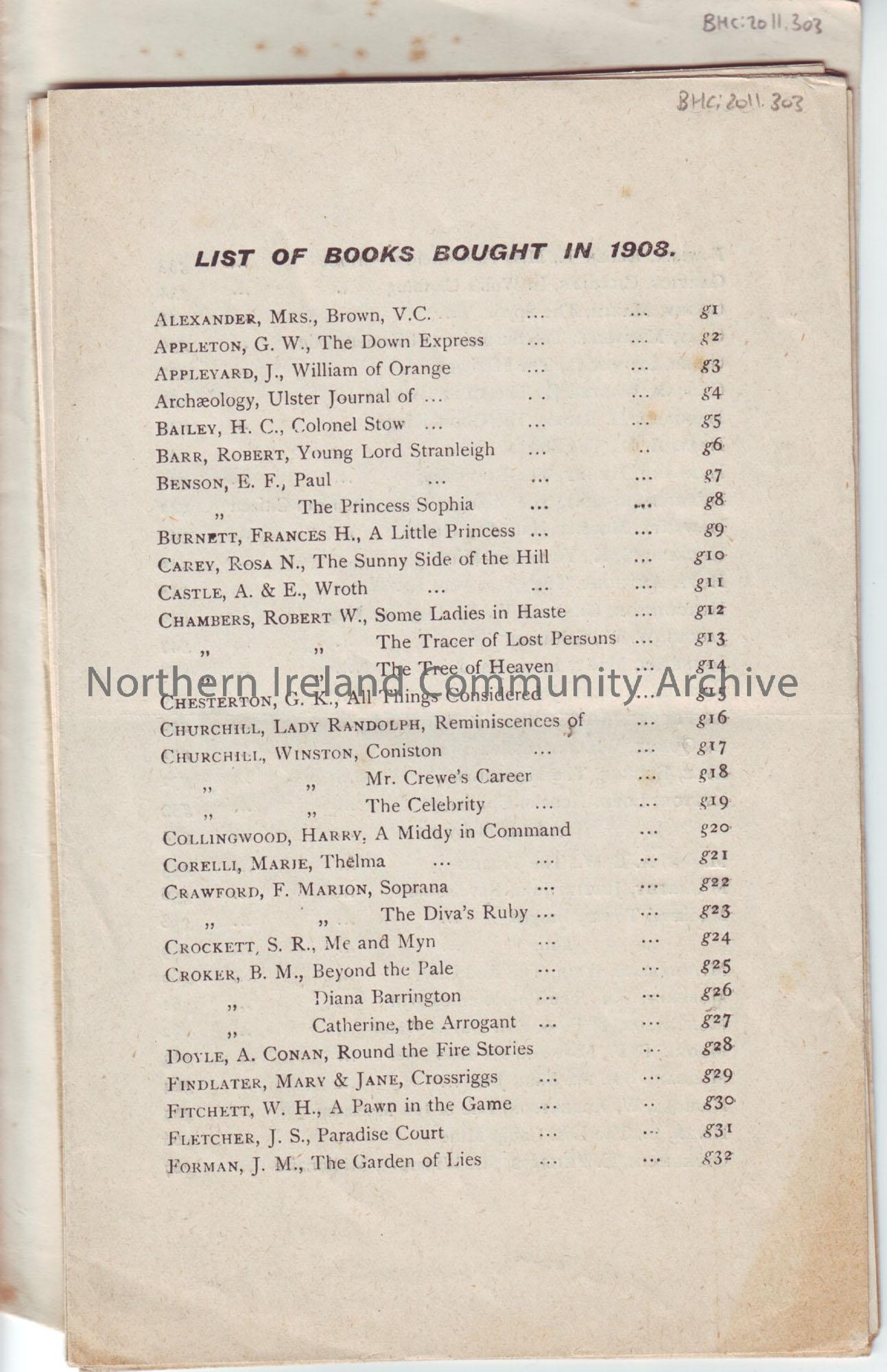 loose pages concerning Ballymoney Public Library books bought between 1908-1916