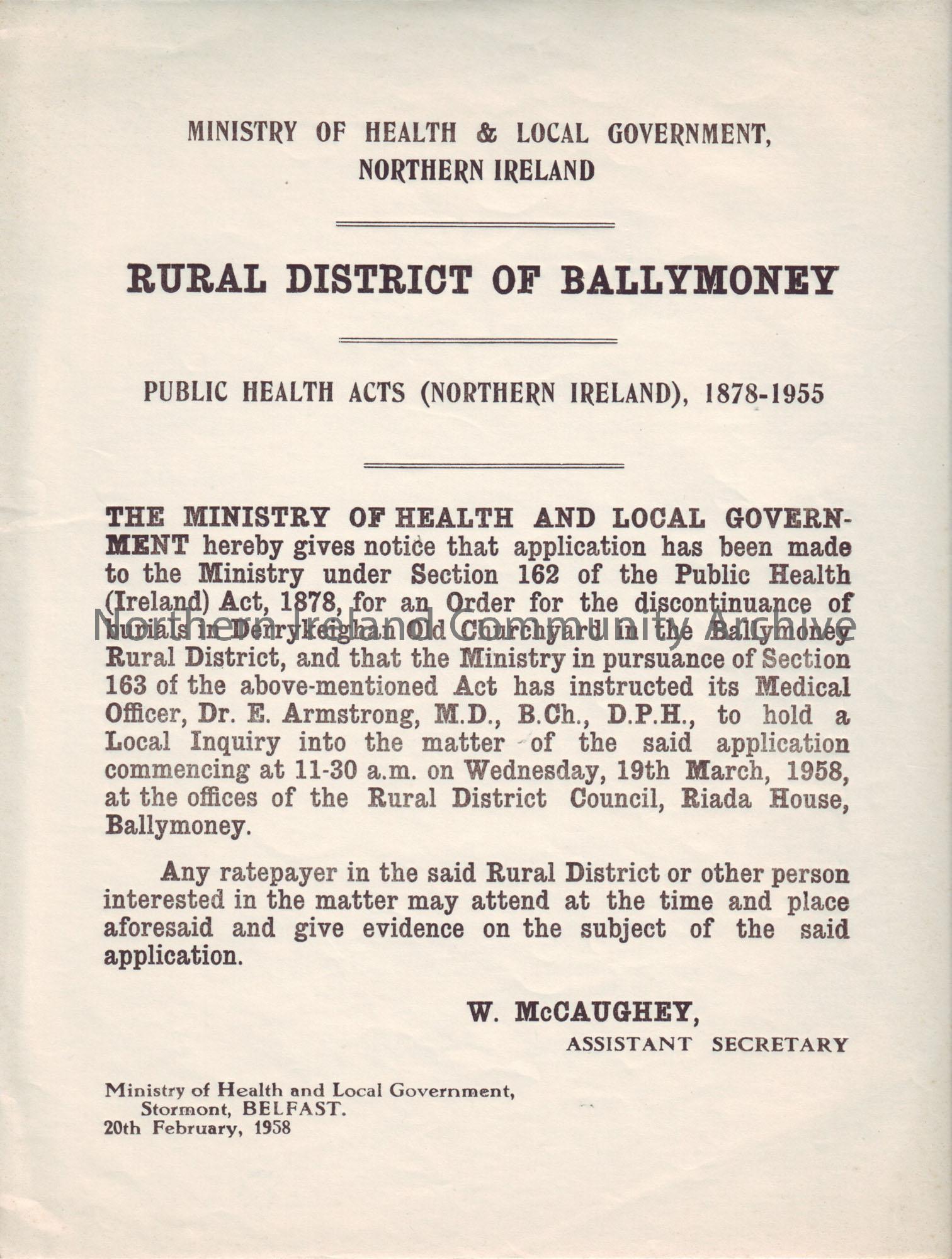 Public Health Acts (Northern Ireland), 1878-1955- regarding the discontinuance of burials in Derrykeighan Old Churchyard