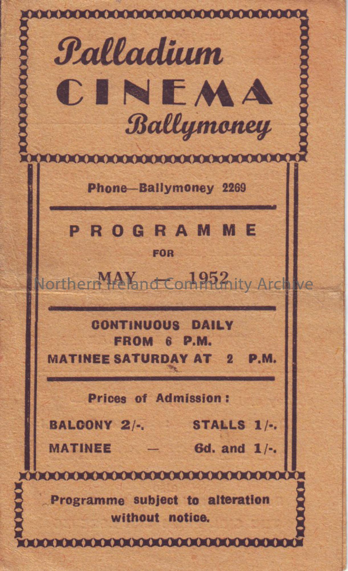 orange monthly programme for Ballymoney Palladium cinema- May 1952