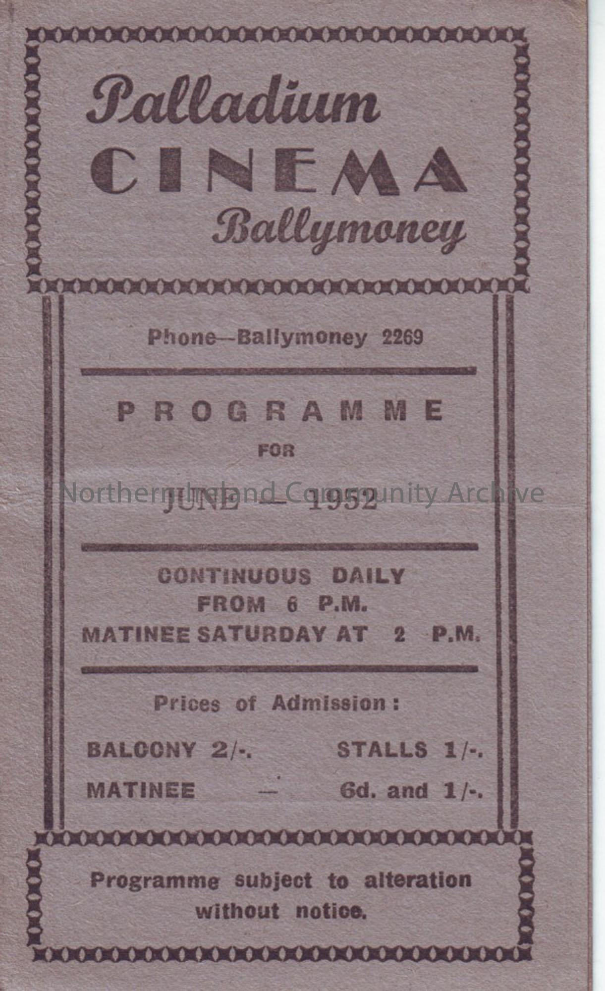 grey monthly programme for Ballymoney Palladium cinema- June 1952