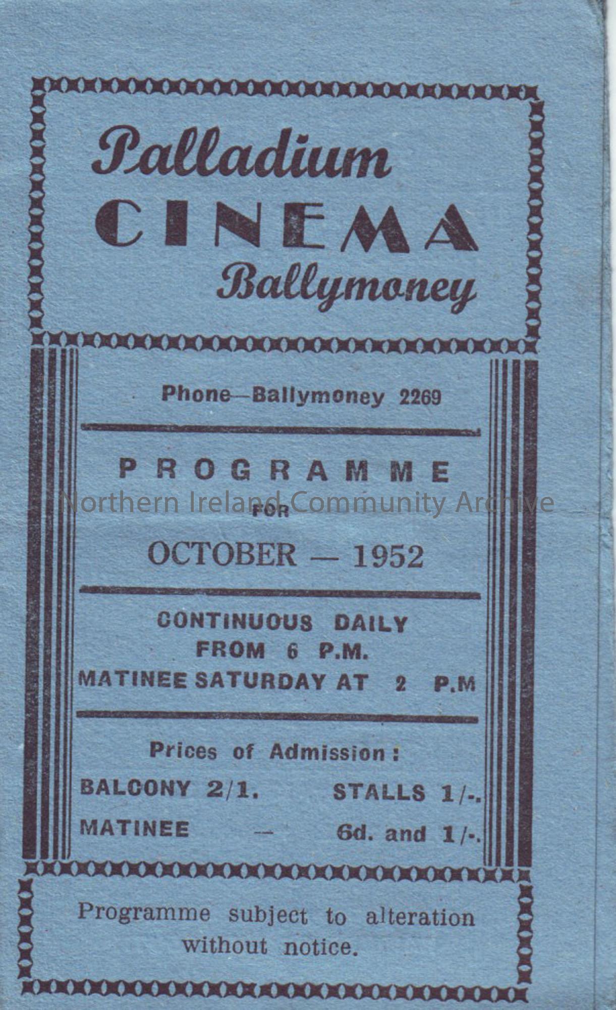 blue monthly programme for Ballymoney Palladium cinema- October 1952