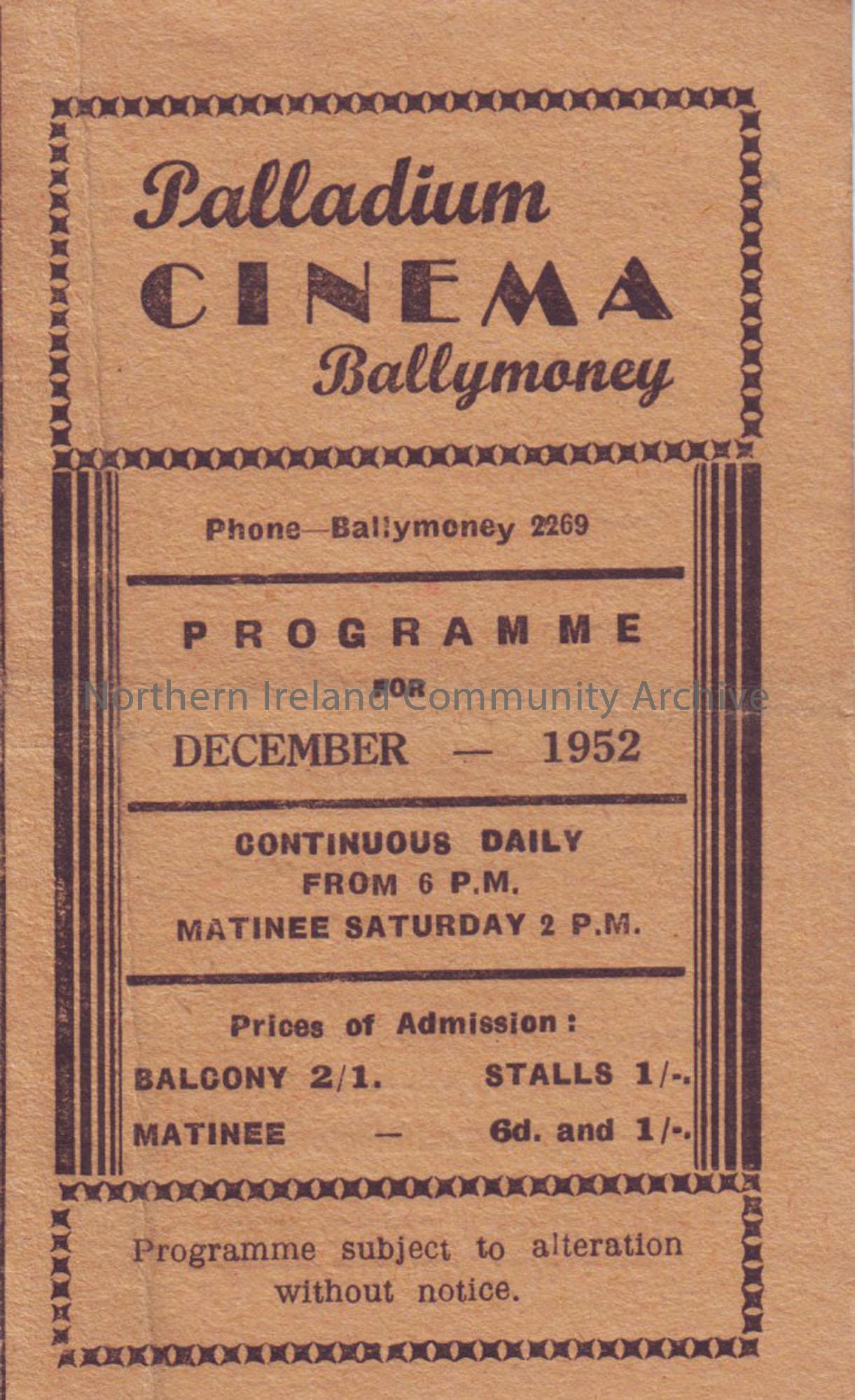 yellow monthly programme for Ballymoney Palladium cinema- December 1952