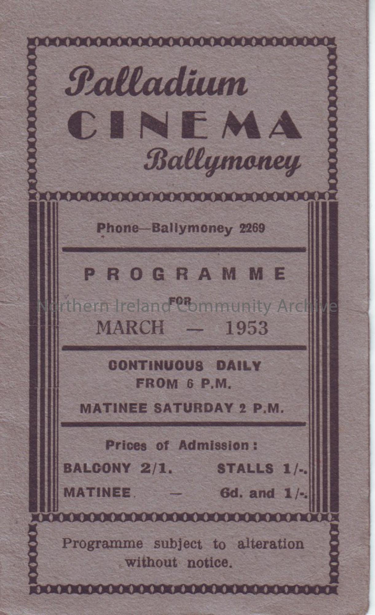 grey monthly programme for Ballymoney Palladium cinema- March 1953