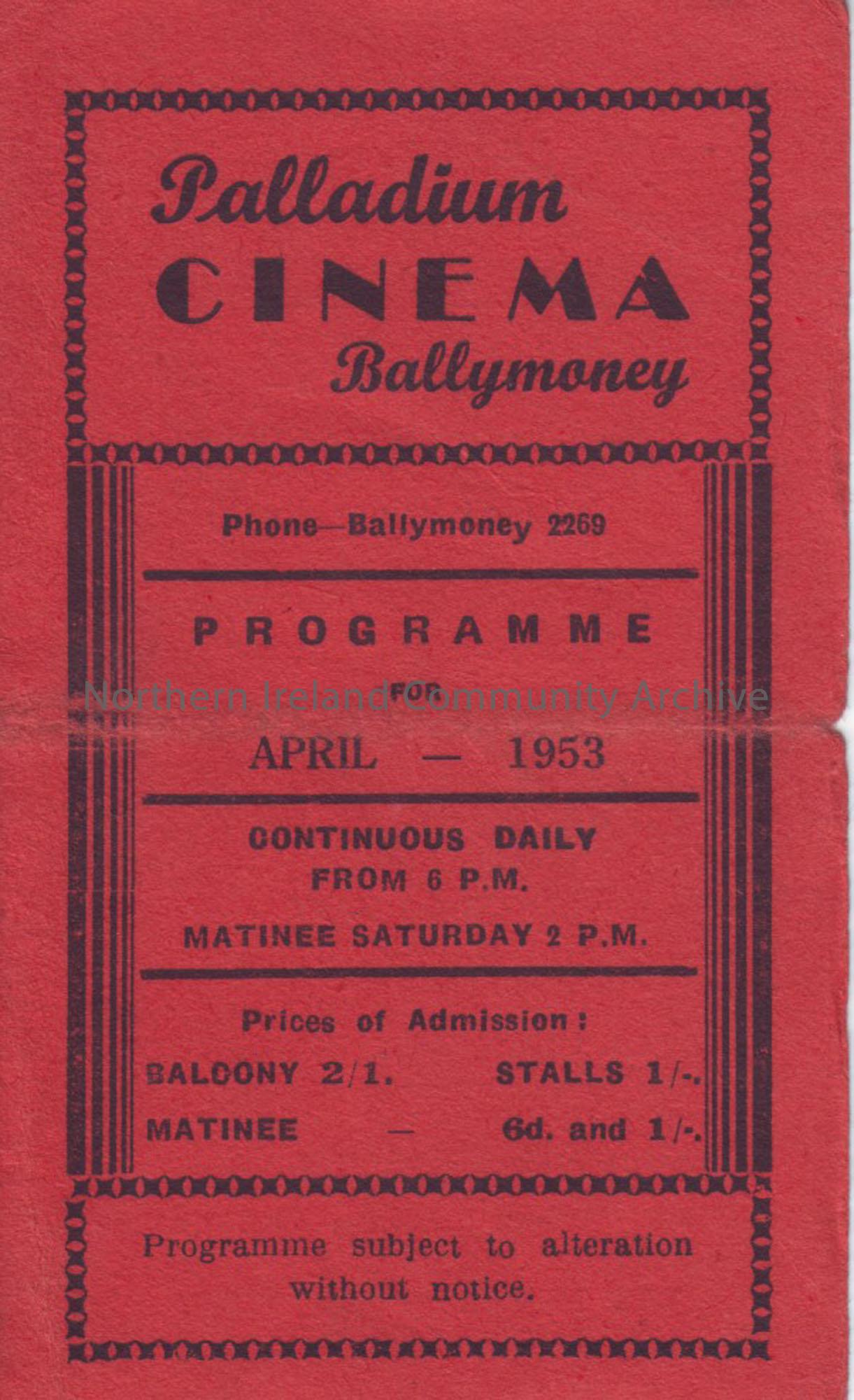 red monthly programme for Ballymoney Palladium cinema- April 1953