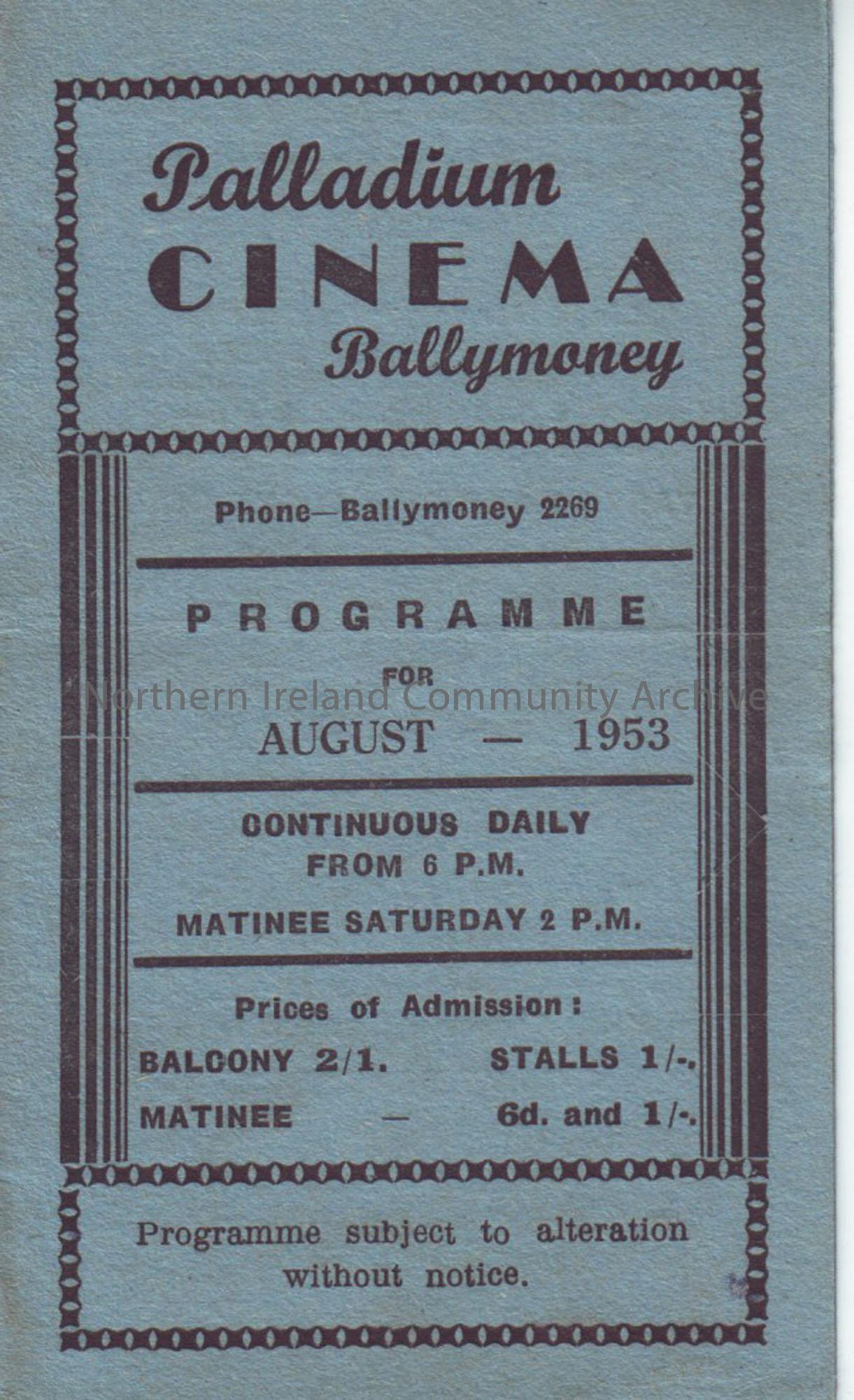 blue monthly programme for Ballymoney Palladium cinema- August 1953