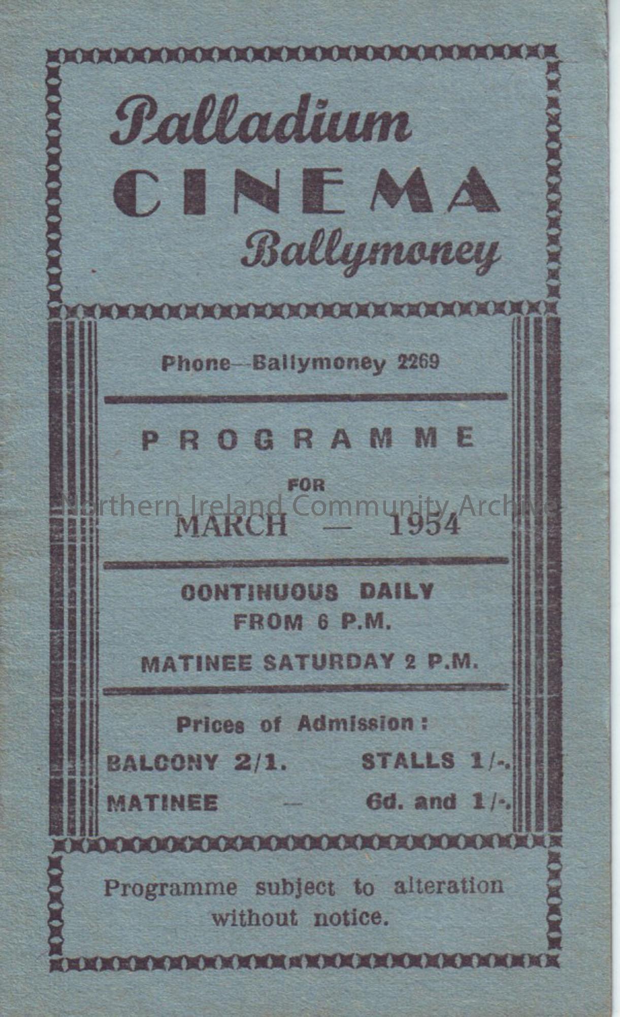 blue monthly programme for Ballymoney Palladium cinema- March 1954