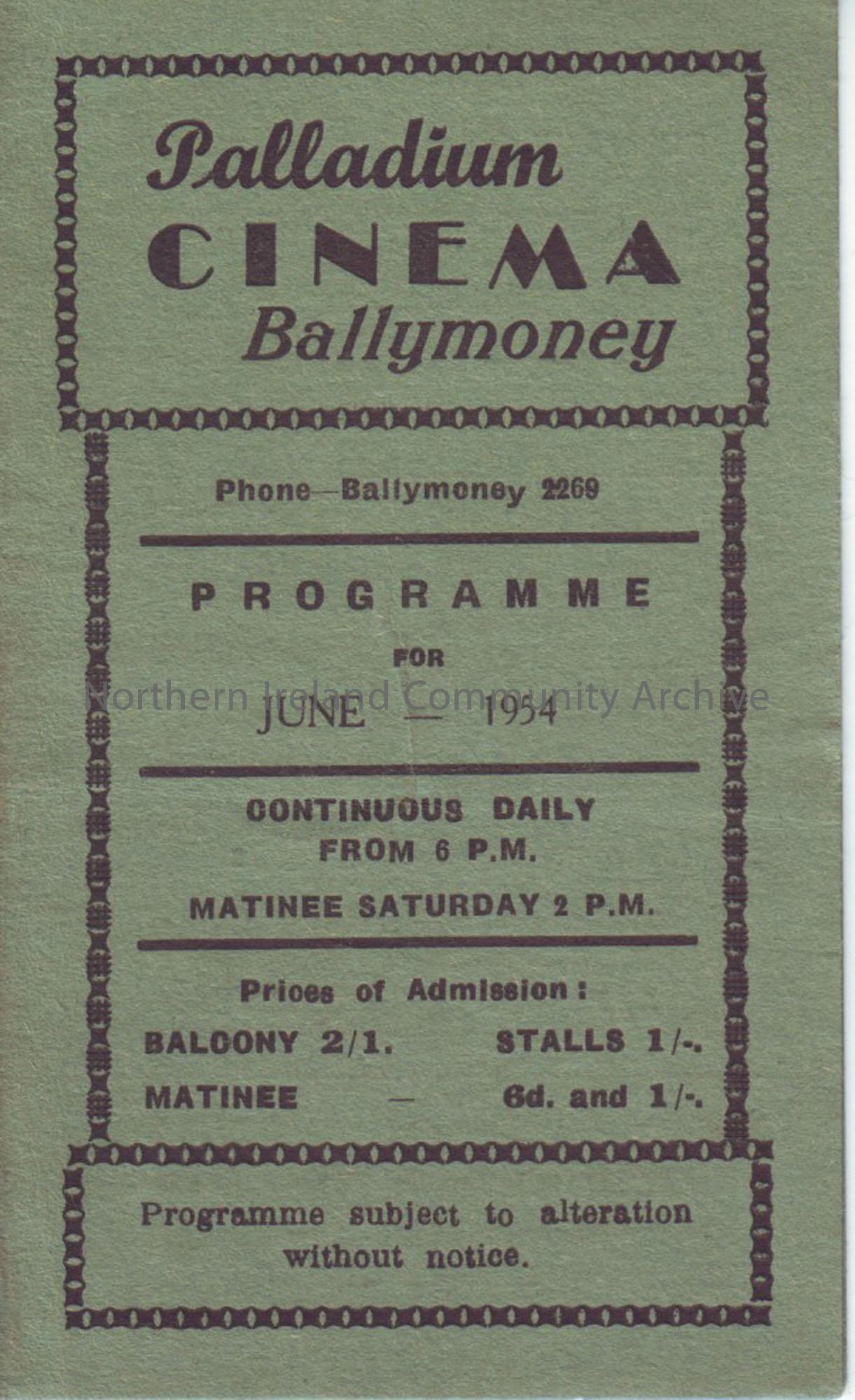 green monthly programme for Ballymoney Palladium cinema- June 1954