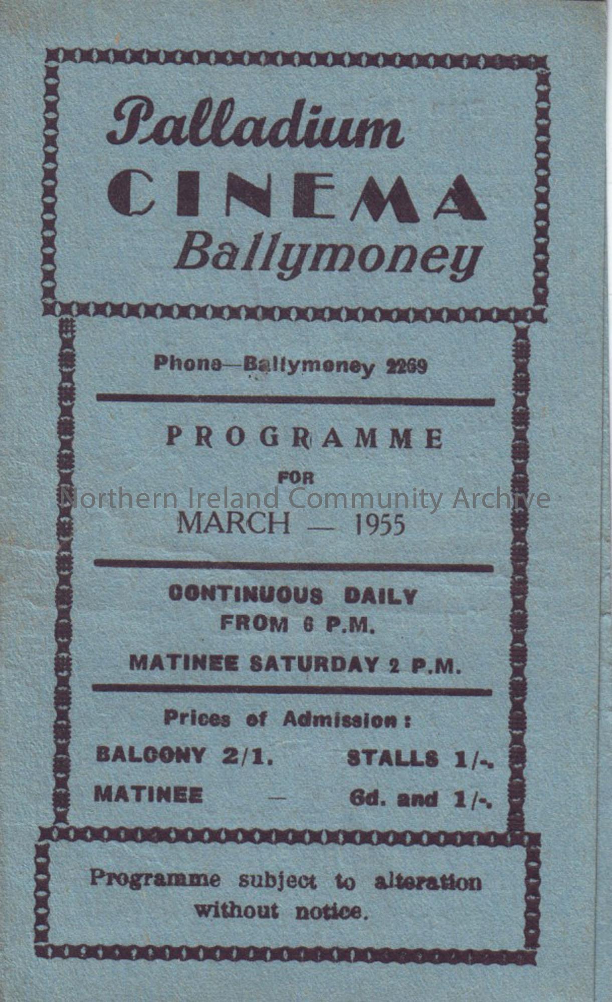 blue monthly programme for Ballymoney Palladium cinema- March 1955