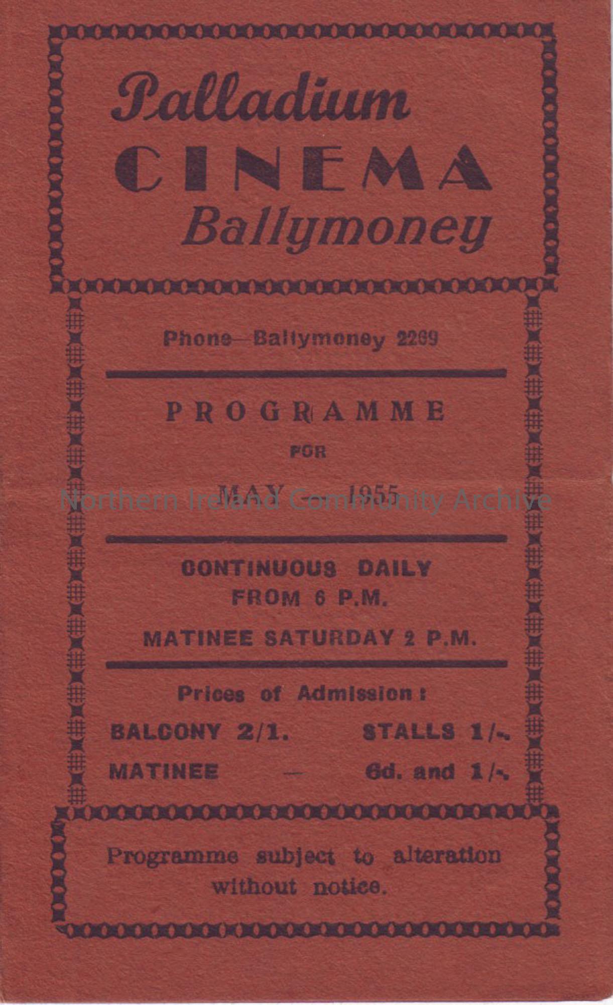brown monthly programme for Ballymoney Palladium cinema- May 1955