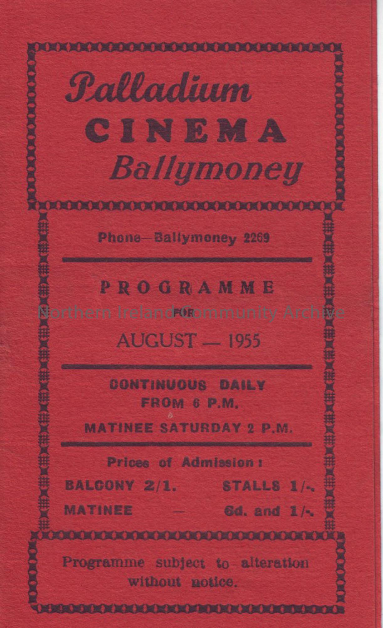 red monthly programme for Ballymoney Palladium cinema- August 1955