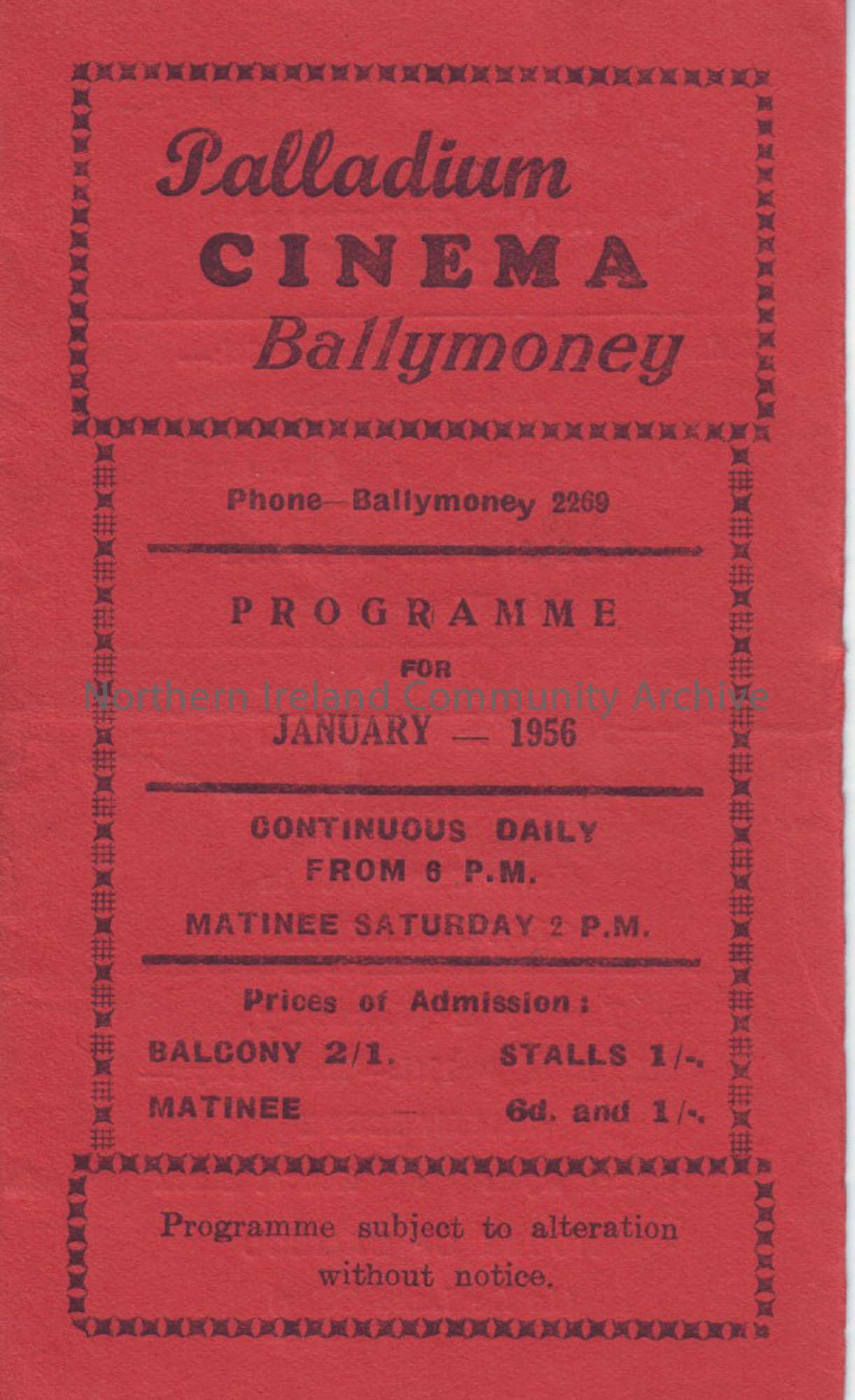 red monthly programme for Ballymoney Palladium cinema- January 1956