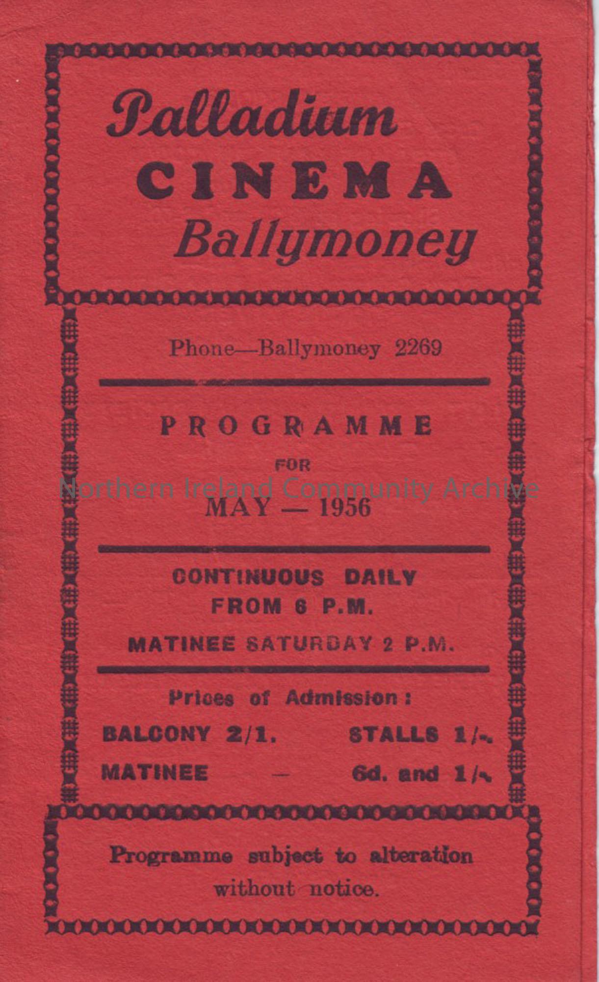 red monthly programme for Ballymoney Palladium cinema- May 1956