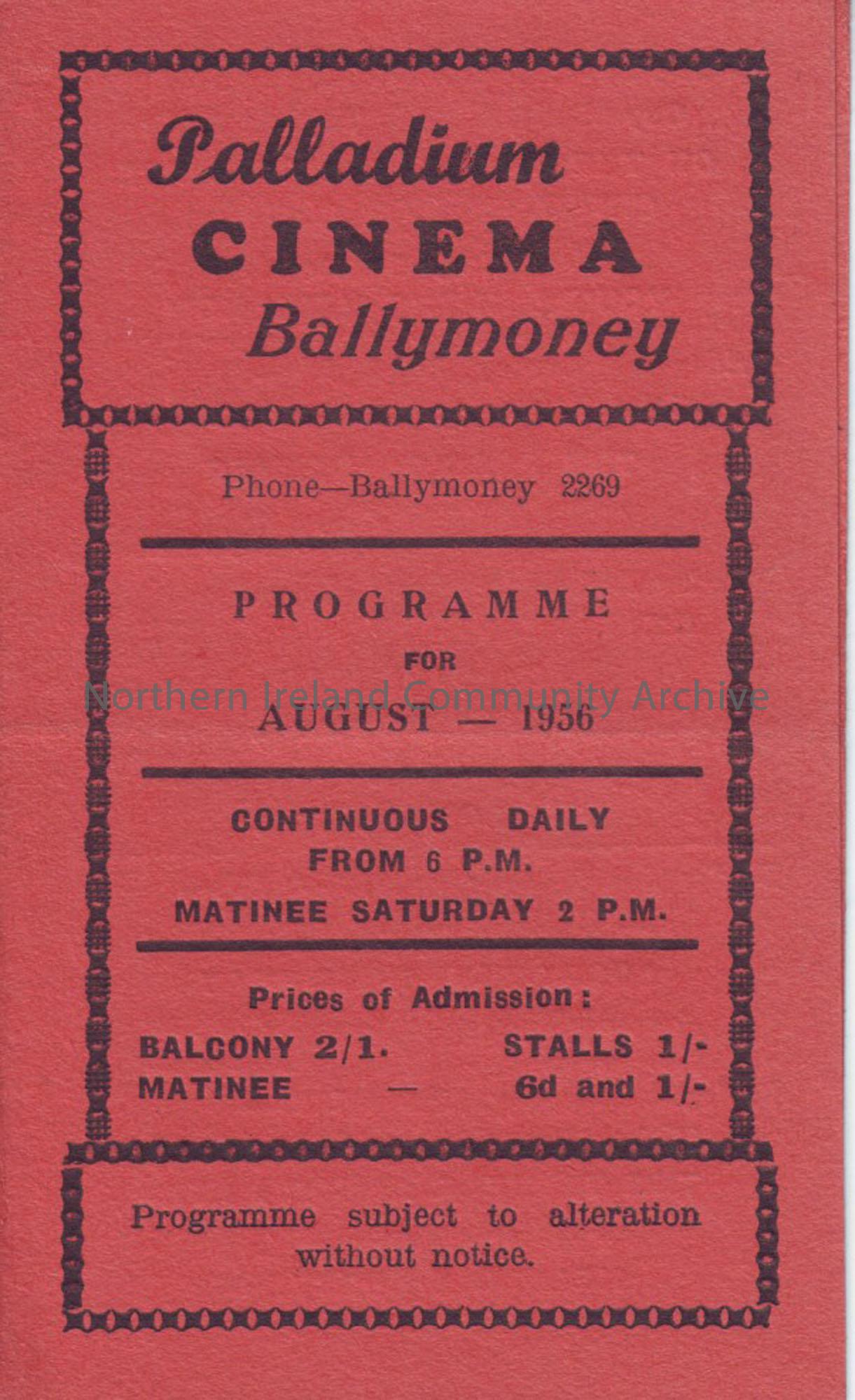 red monthly programme for Ballymoney Palladium cinema- August 1956