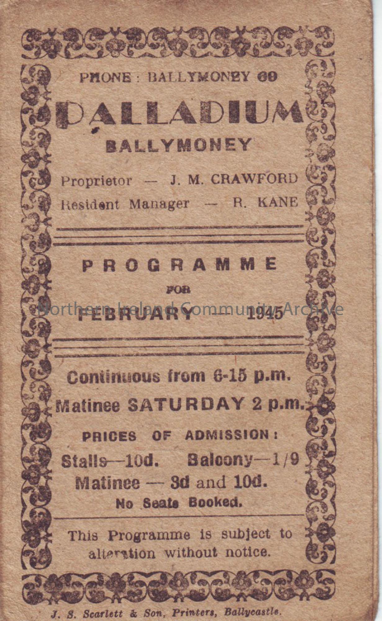 cream programme for Ballymoney Palladium cinema- February 1945