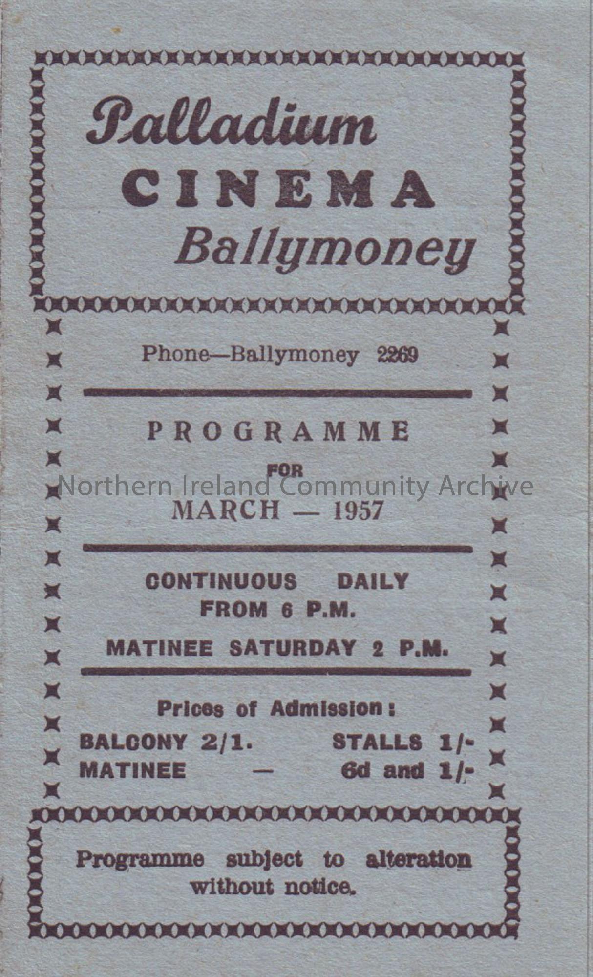 blue monthly programme for Ballymoney Palladium cinema- March 1957