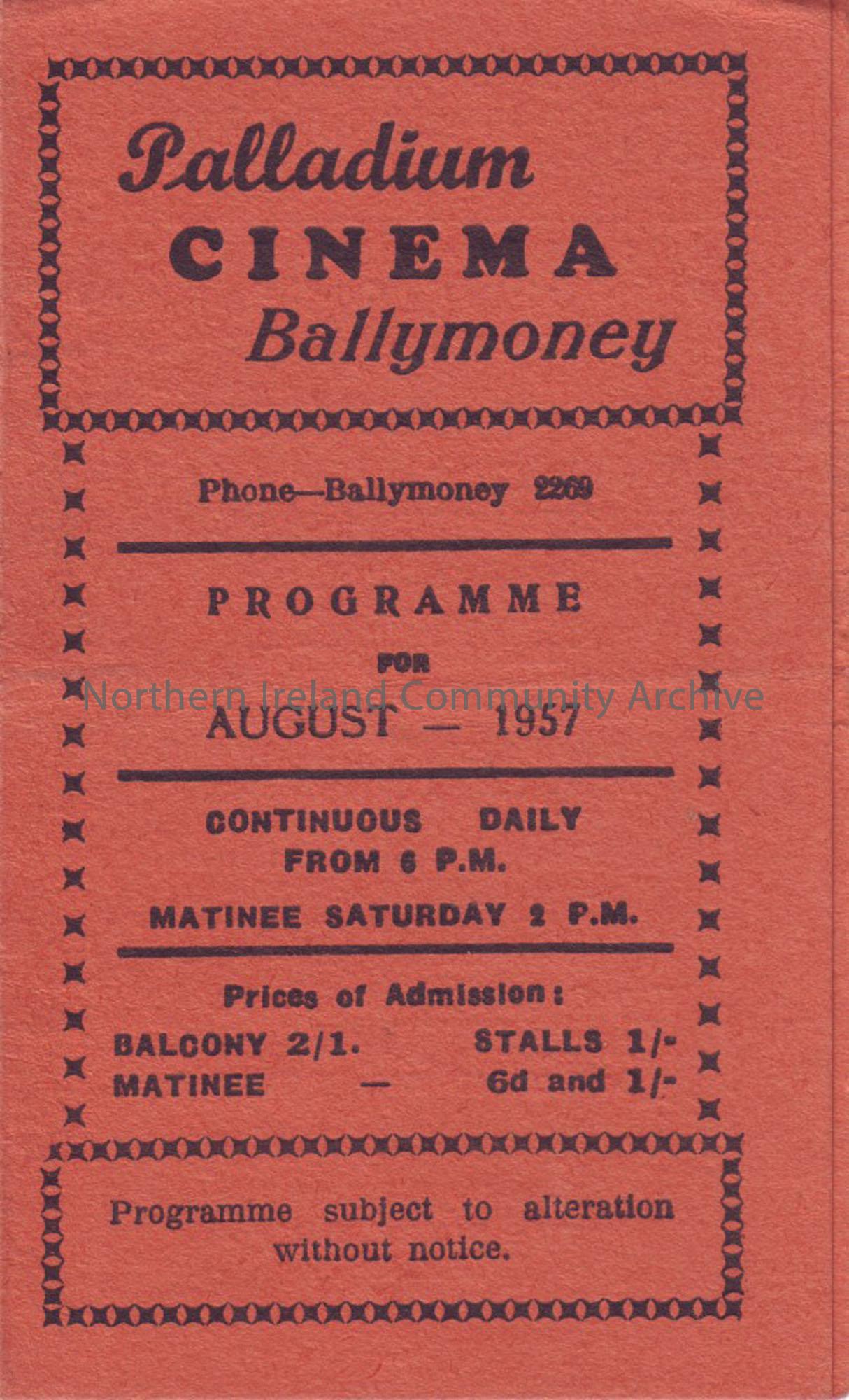 orange monthly programme for Ballymoney Palladium cinema- August 1957