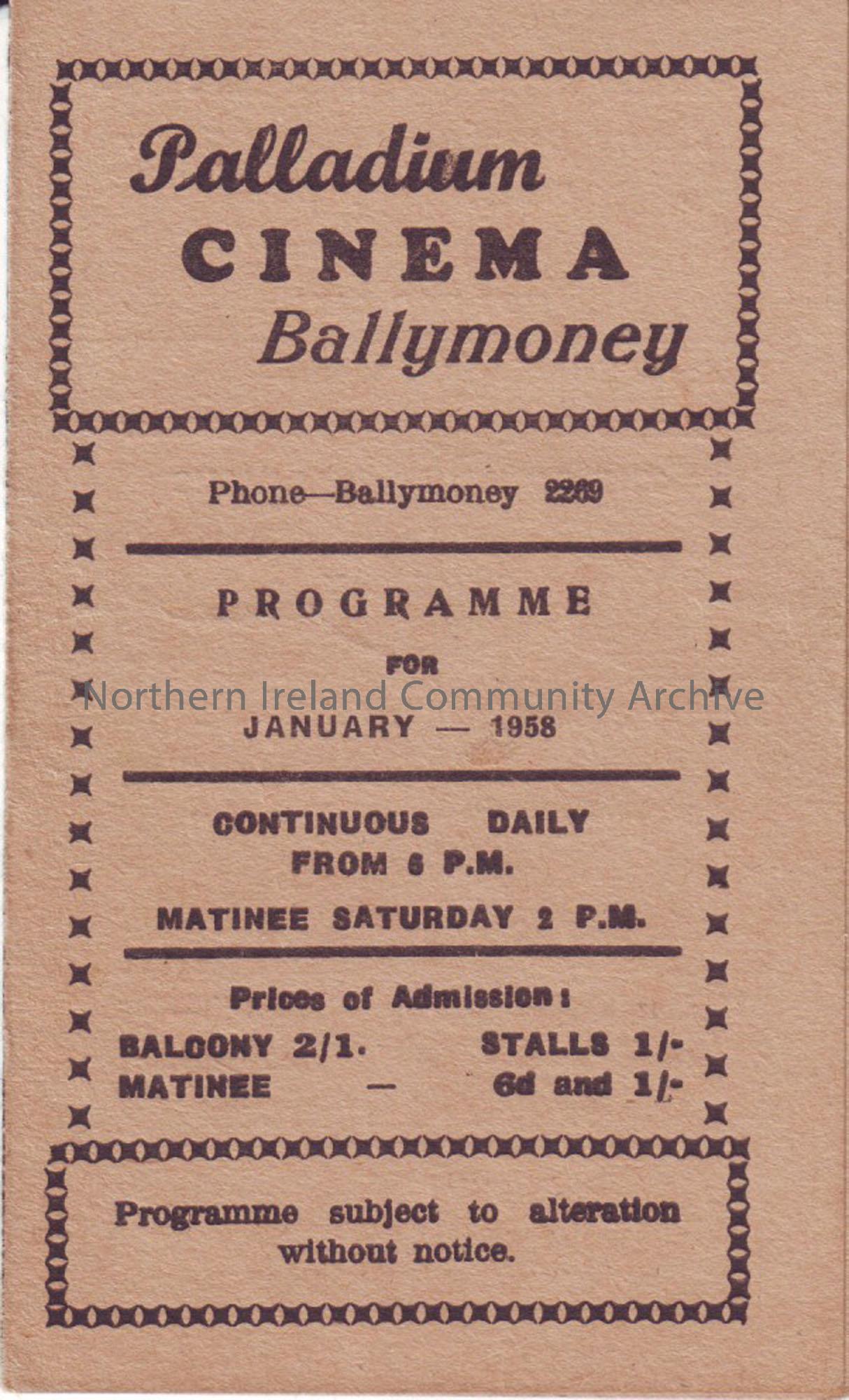 yellow monthly programme for Ballymoney Palladium cinema- January 1958