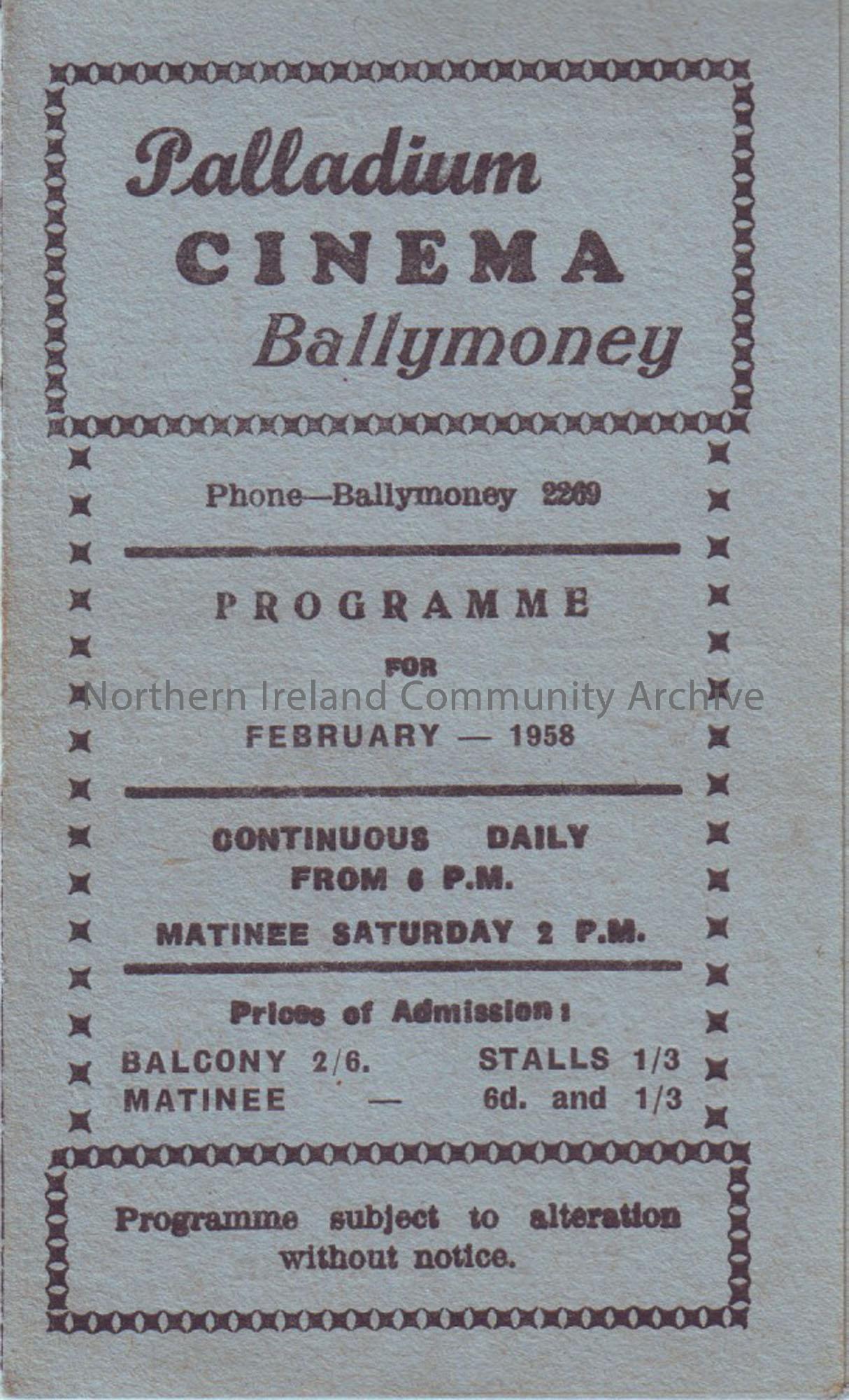 blue monthly programme for Ballymoney Palladium cinema- February 1958