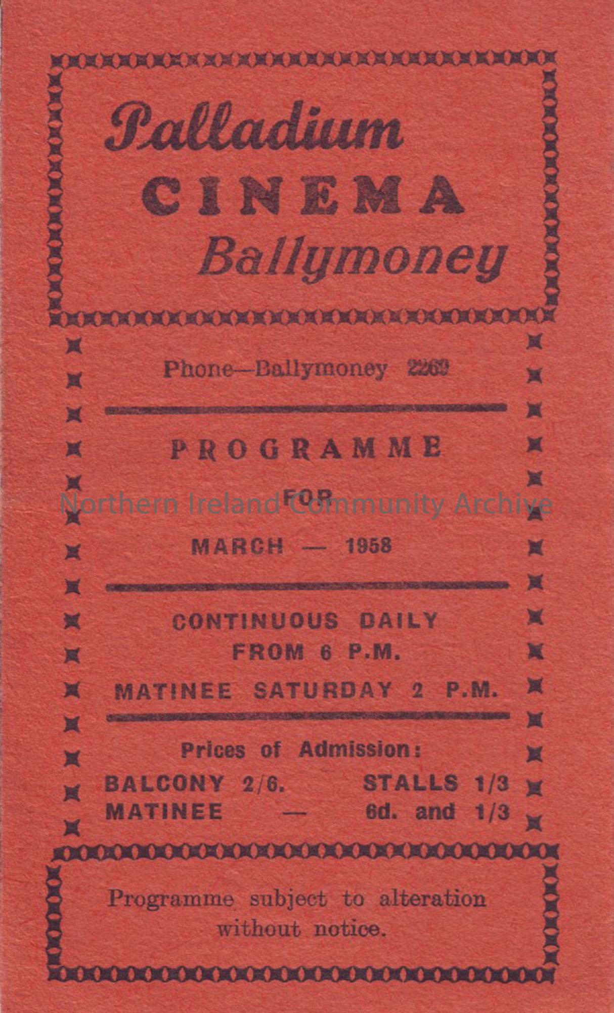 orange monthly programme for Ballymoney Palladium cinema- March 1958