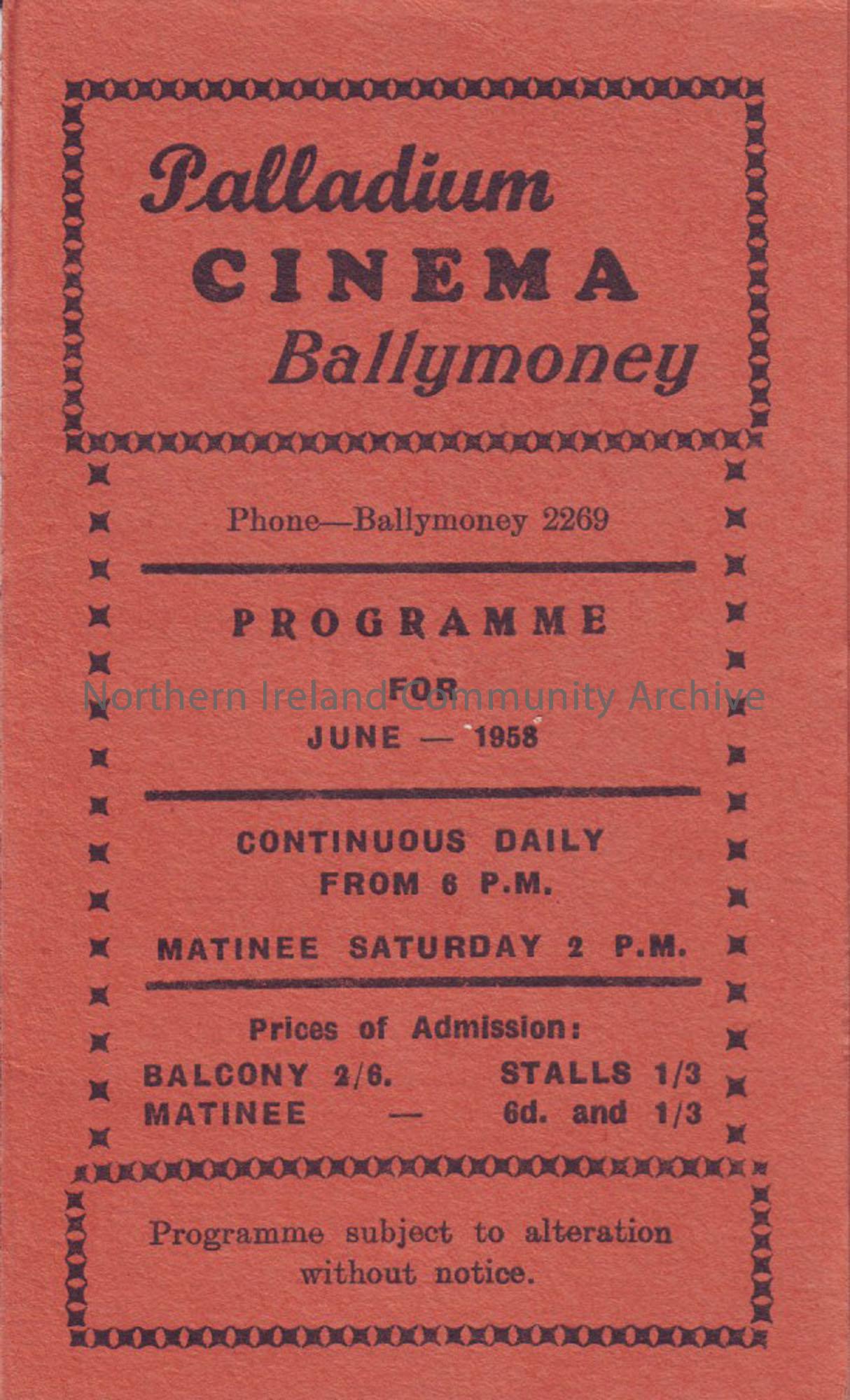 orange monthly programme for Ballymoney Palladium cinema- June 1958