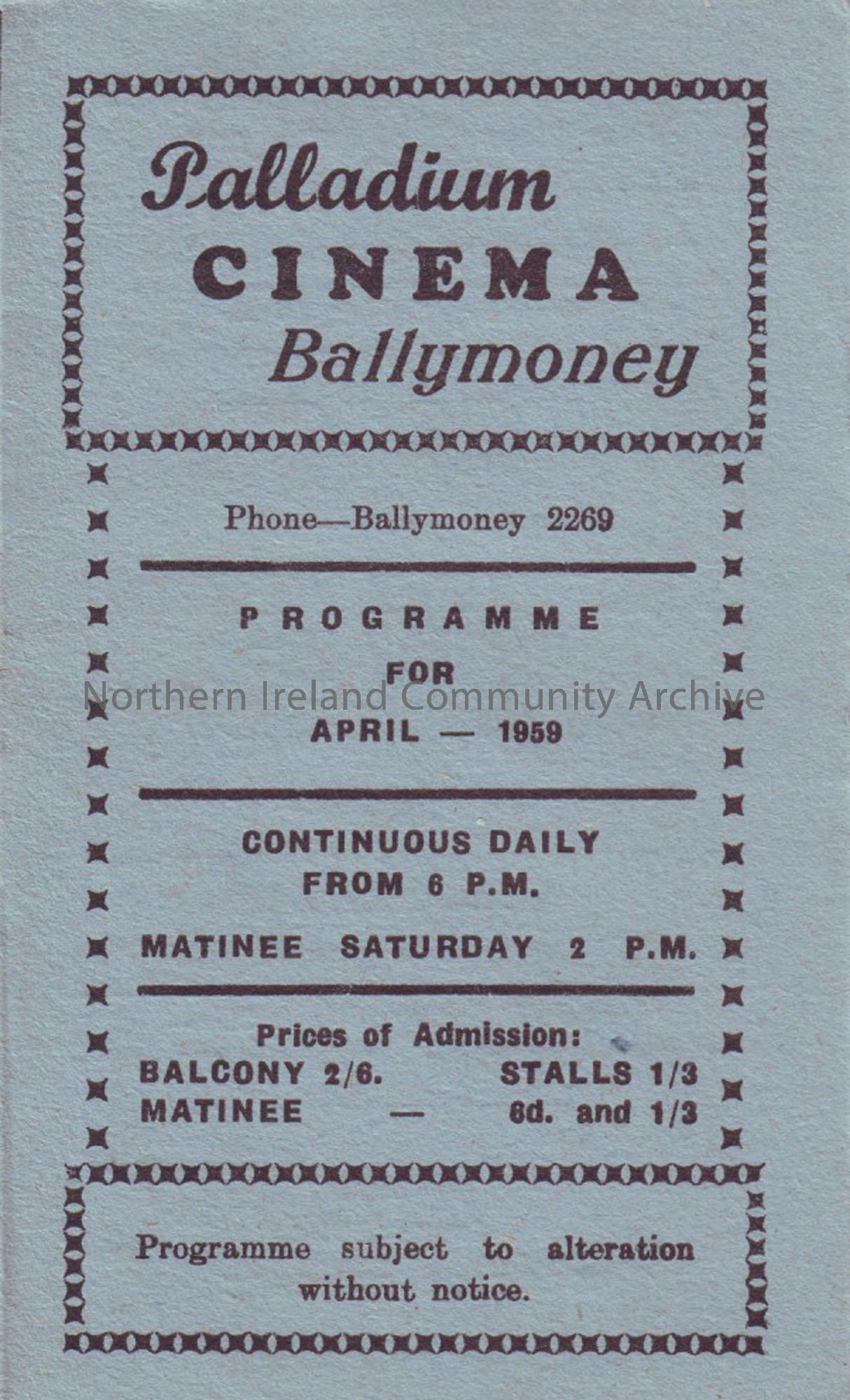 blue monthly programme for Ballymoney Palladium cinema- April 1959