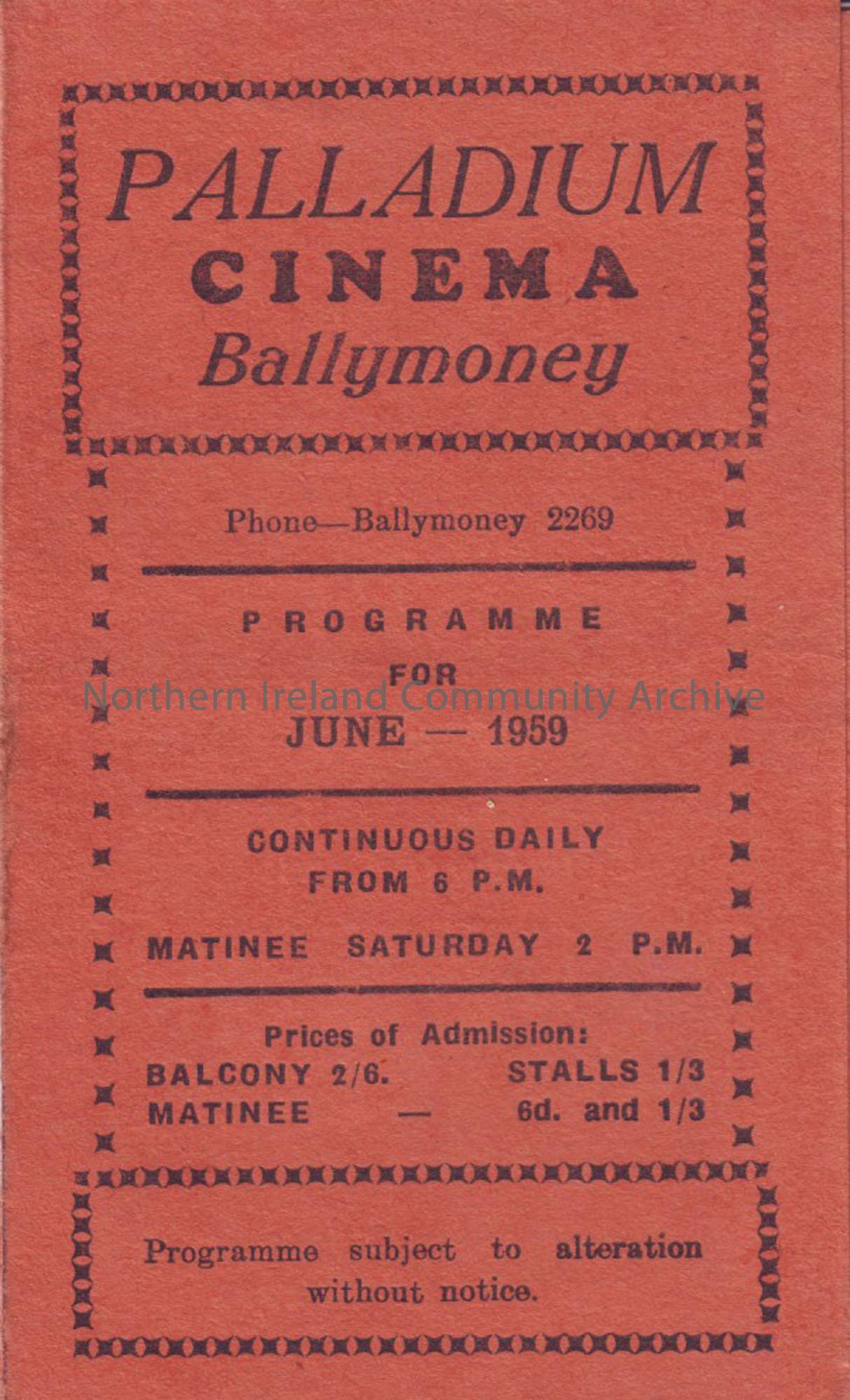 orange monthly programme for Ballymoney Palladium cinema- June 1959