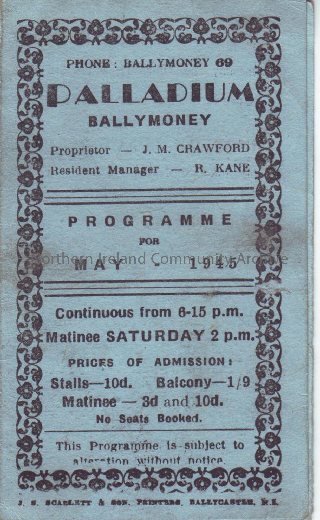 blue programme for Ballymoney Palladium cinema- May 1945