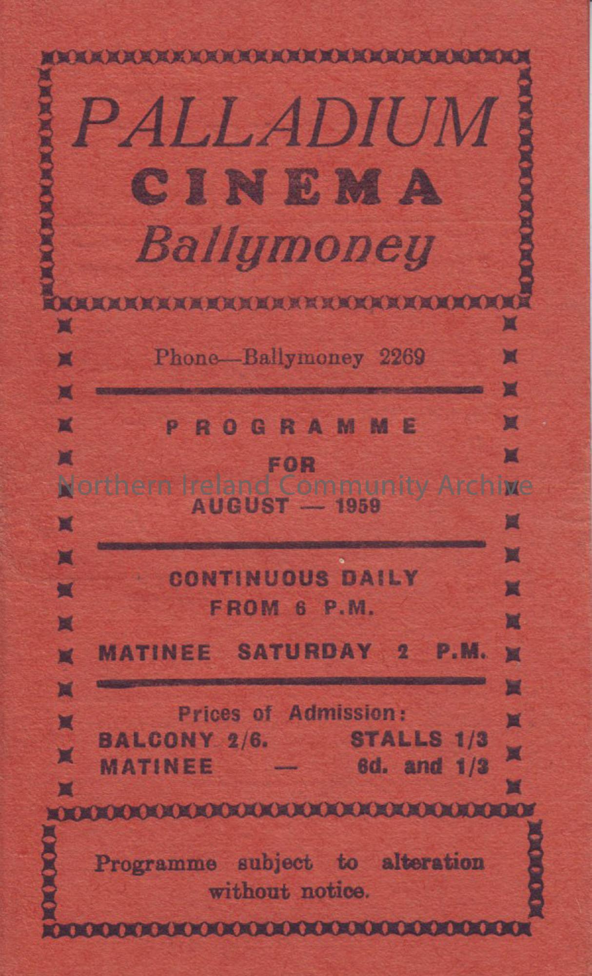 orange monthly programme for Ballymoney Palladium cinema- August 1959