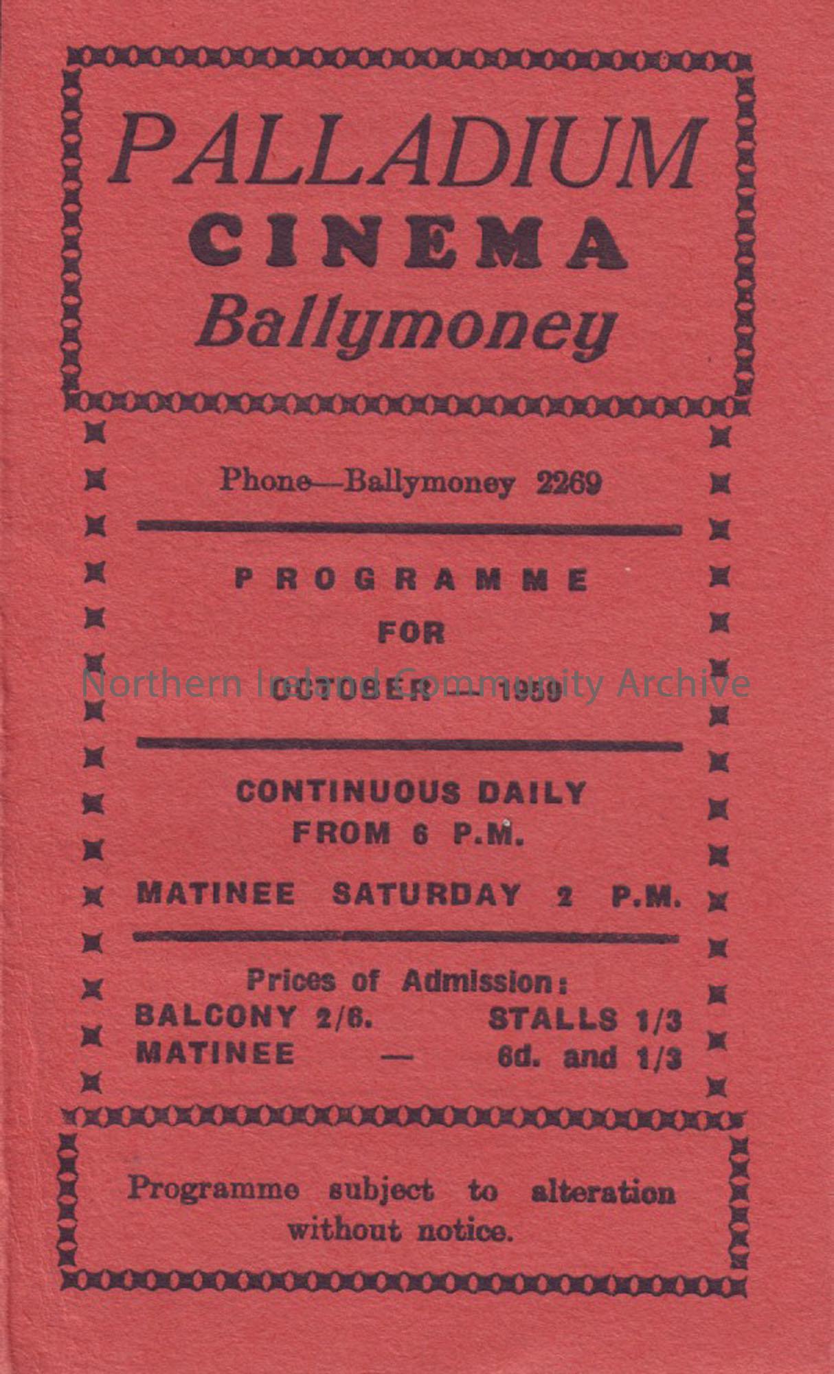 orange monthly programme for Ballymoney Palladium cinema- October 1959
