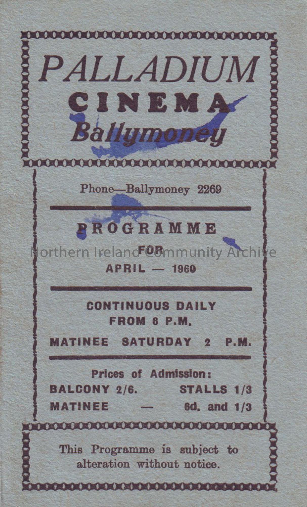 blue monthly programme for Ballymoney Palladium cinema- April 1960