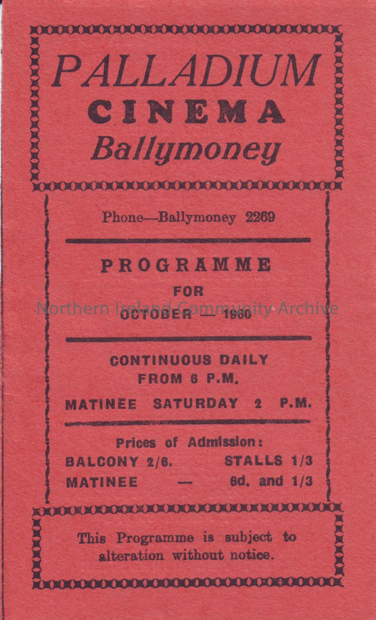 red monthly programme for Ballymoney Palladium cinema- October 1960