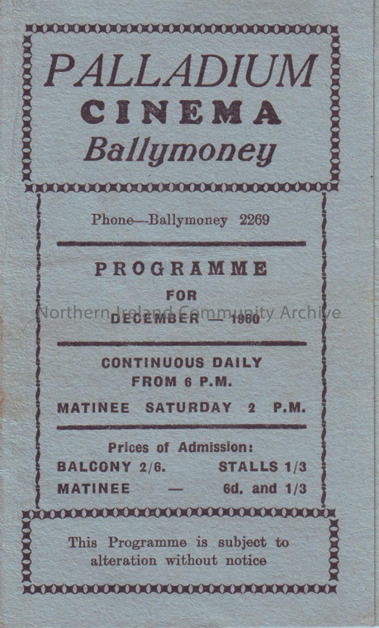 orange monthly programme for Ballymoney Palladium cinema- December 1960