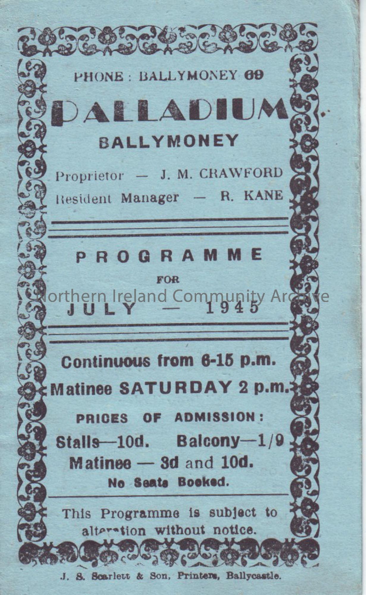 blue programme for Ballymoney Palladium cinema- July 1945