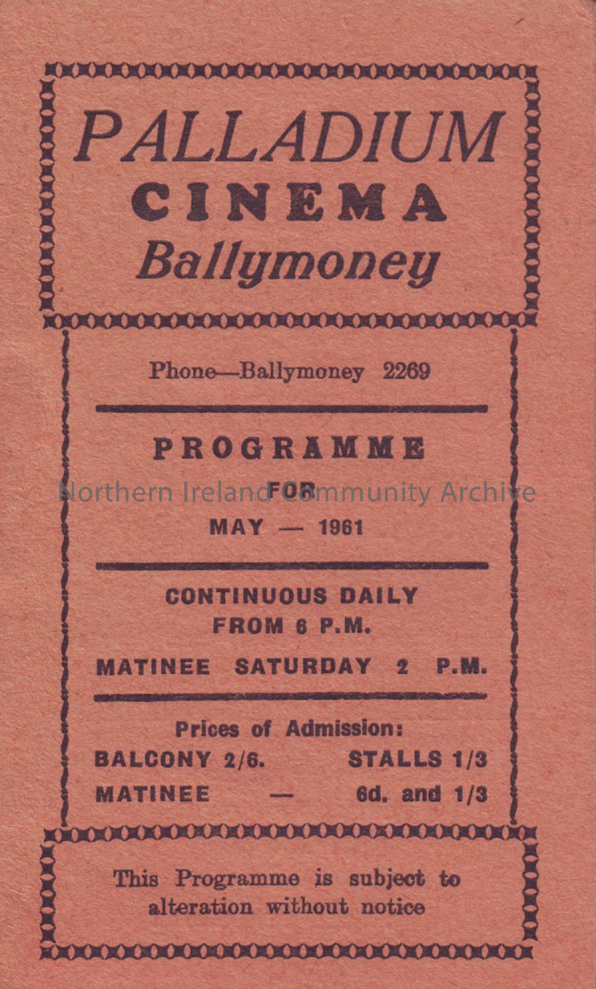 orange monthly programme for Ballymoney Palladium cinema- May 1961