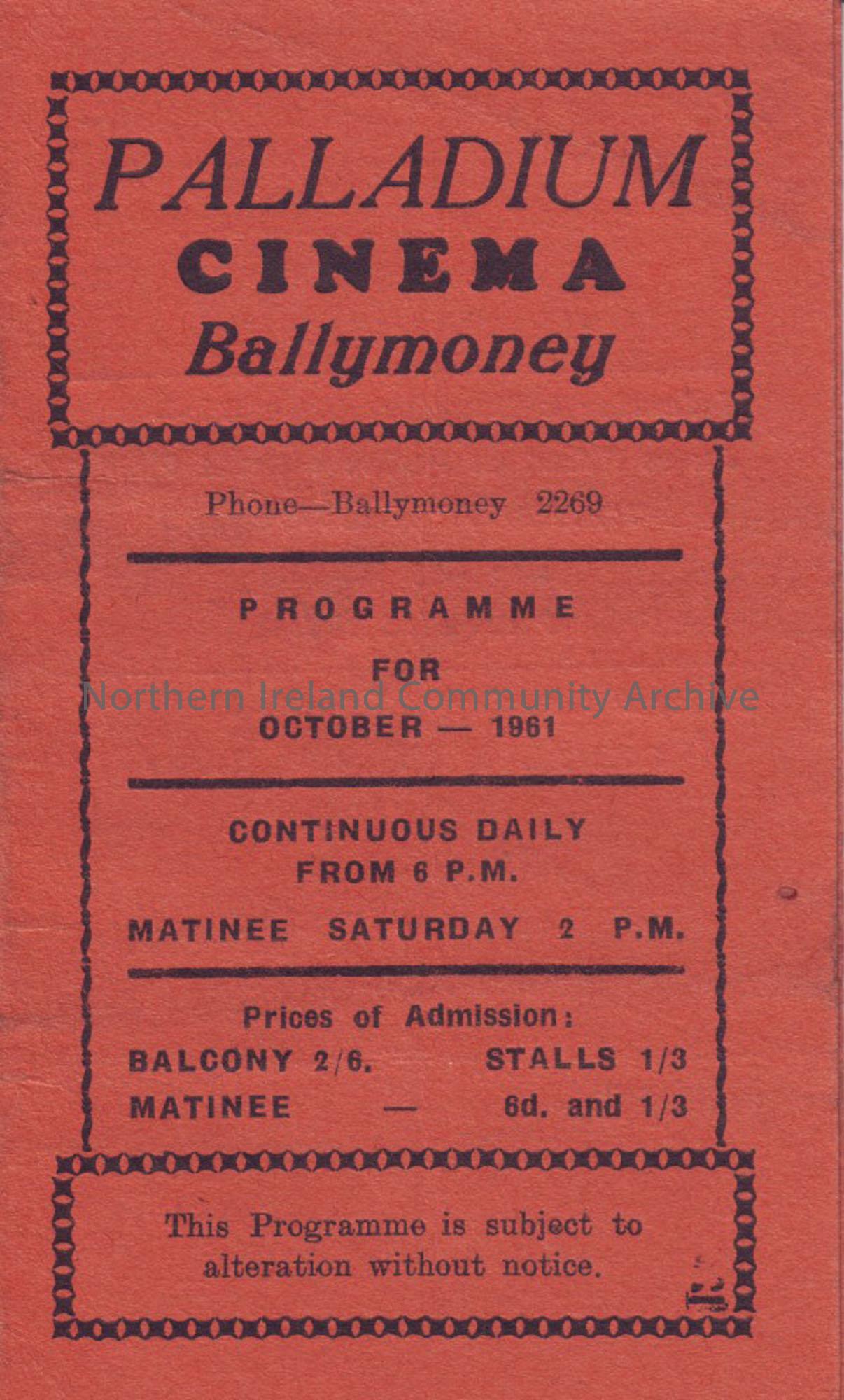 orange monthly programme for Ballymoney Palladium cinema- October 1961