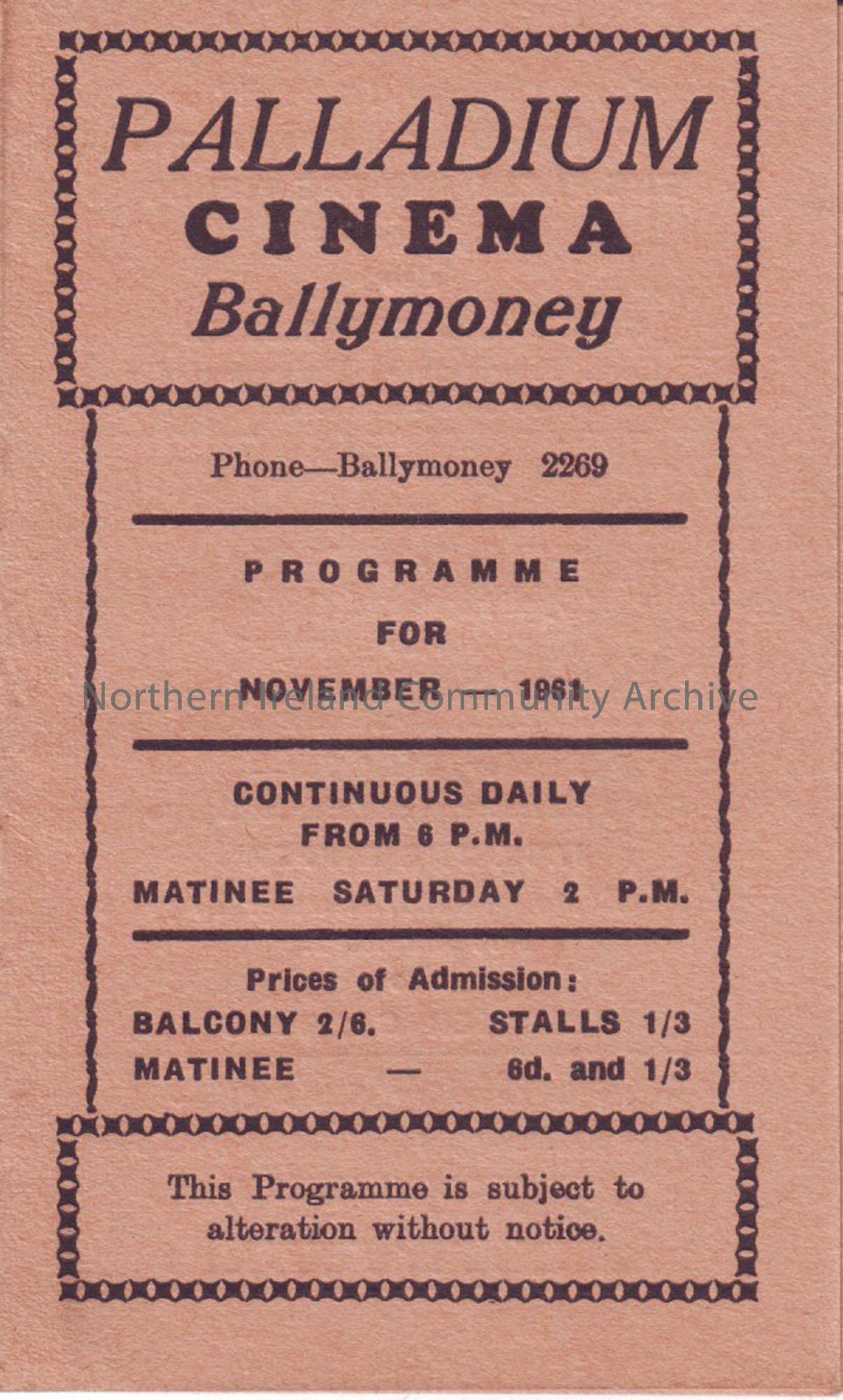 cream monthly programme for Ballymoney Palladium cinema- November 1961
