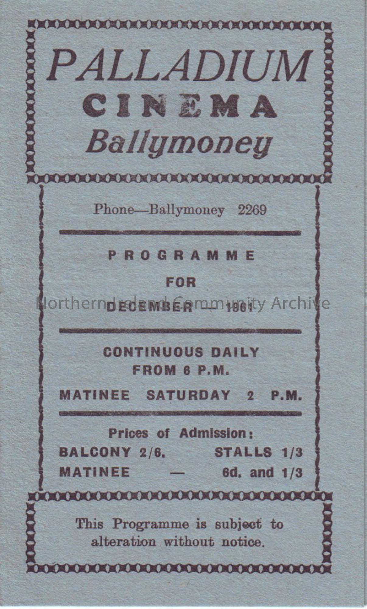 blue monthly programme for Ballymoney Palladium cinema- December 1961
