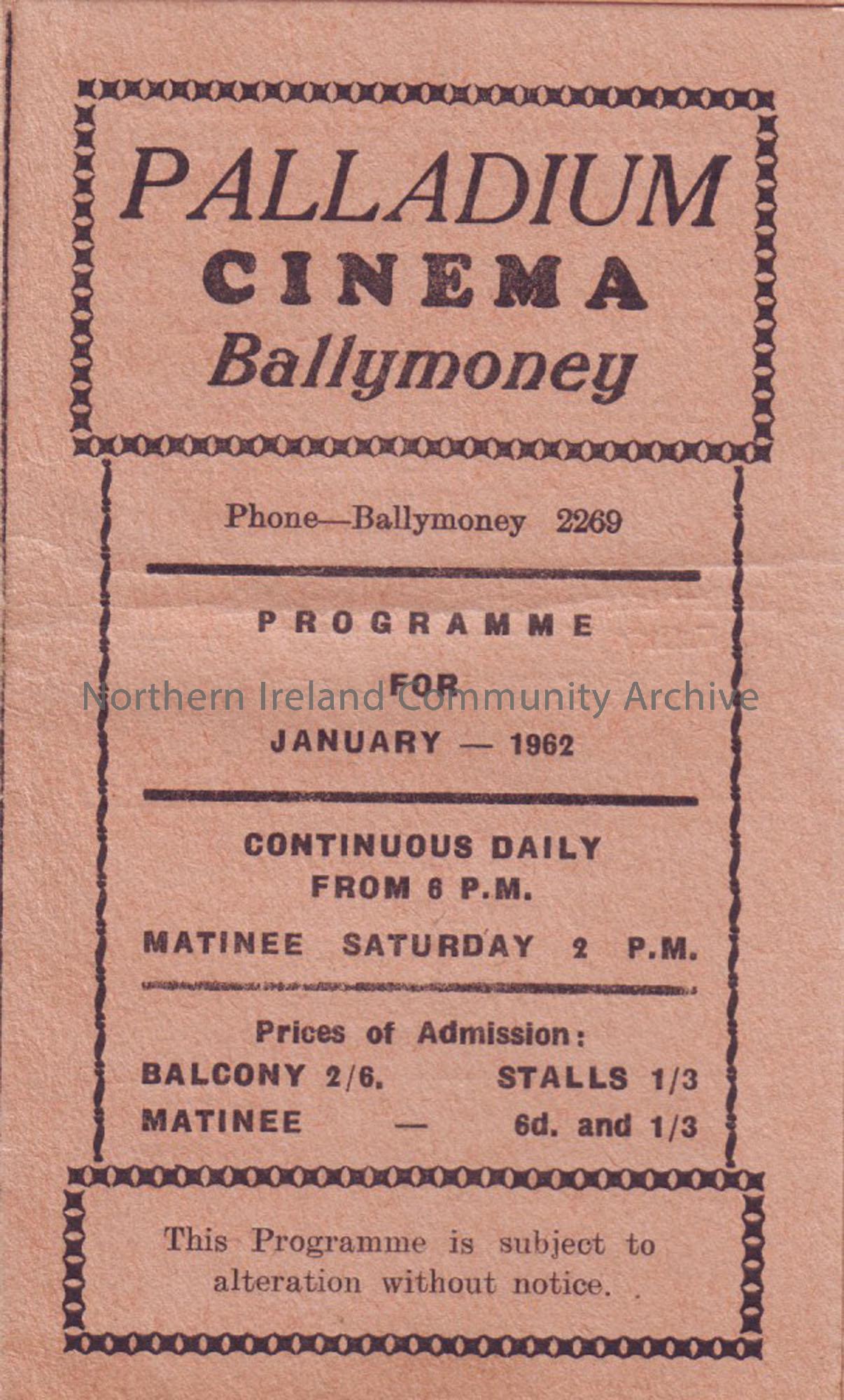 orange monthly programme for Ballymoney Palladium cinema- January 1962