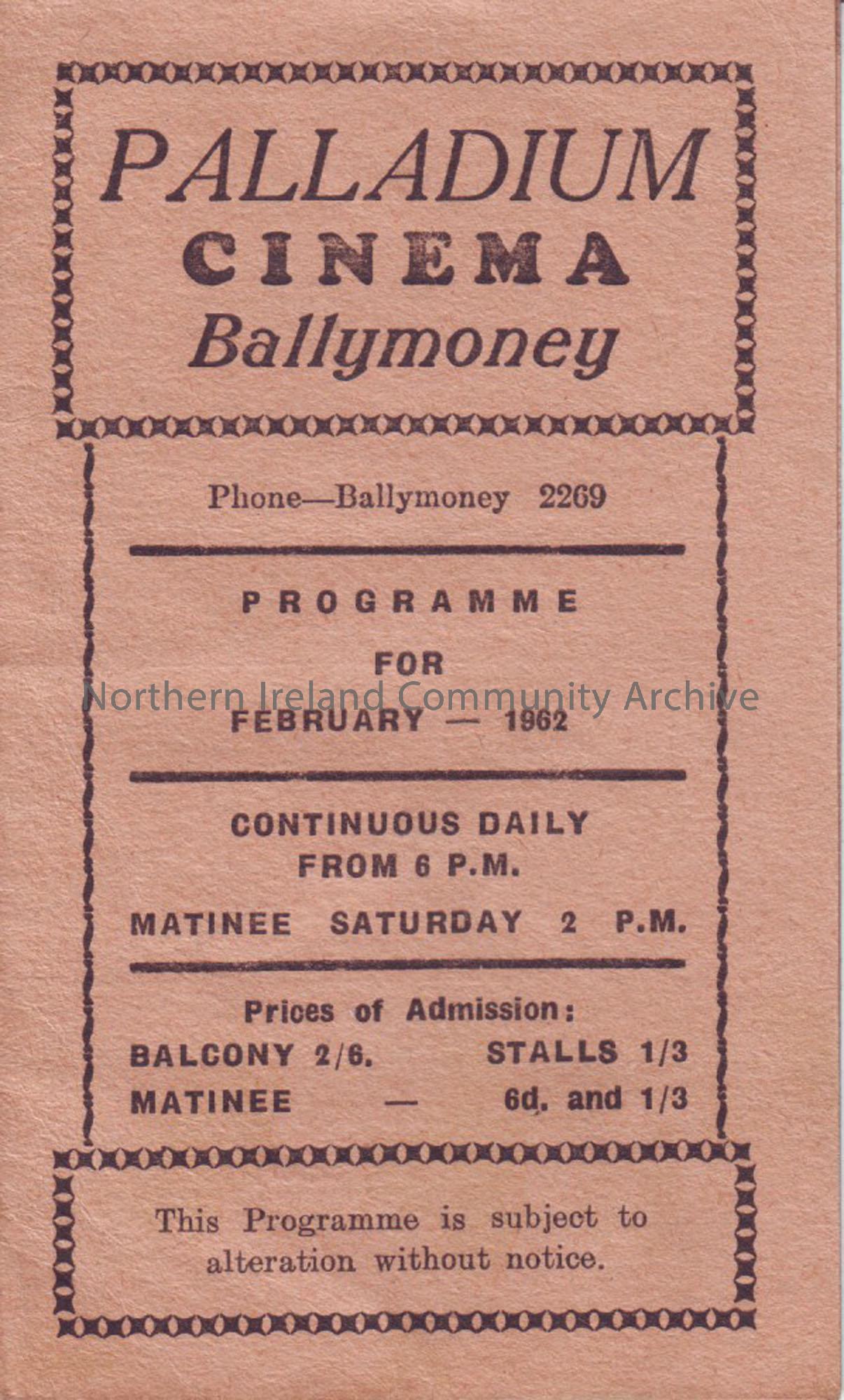 cream monthly programme for Ballymoney Palladium cinema- February 1962