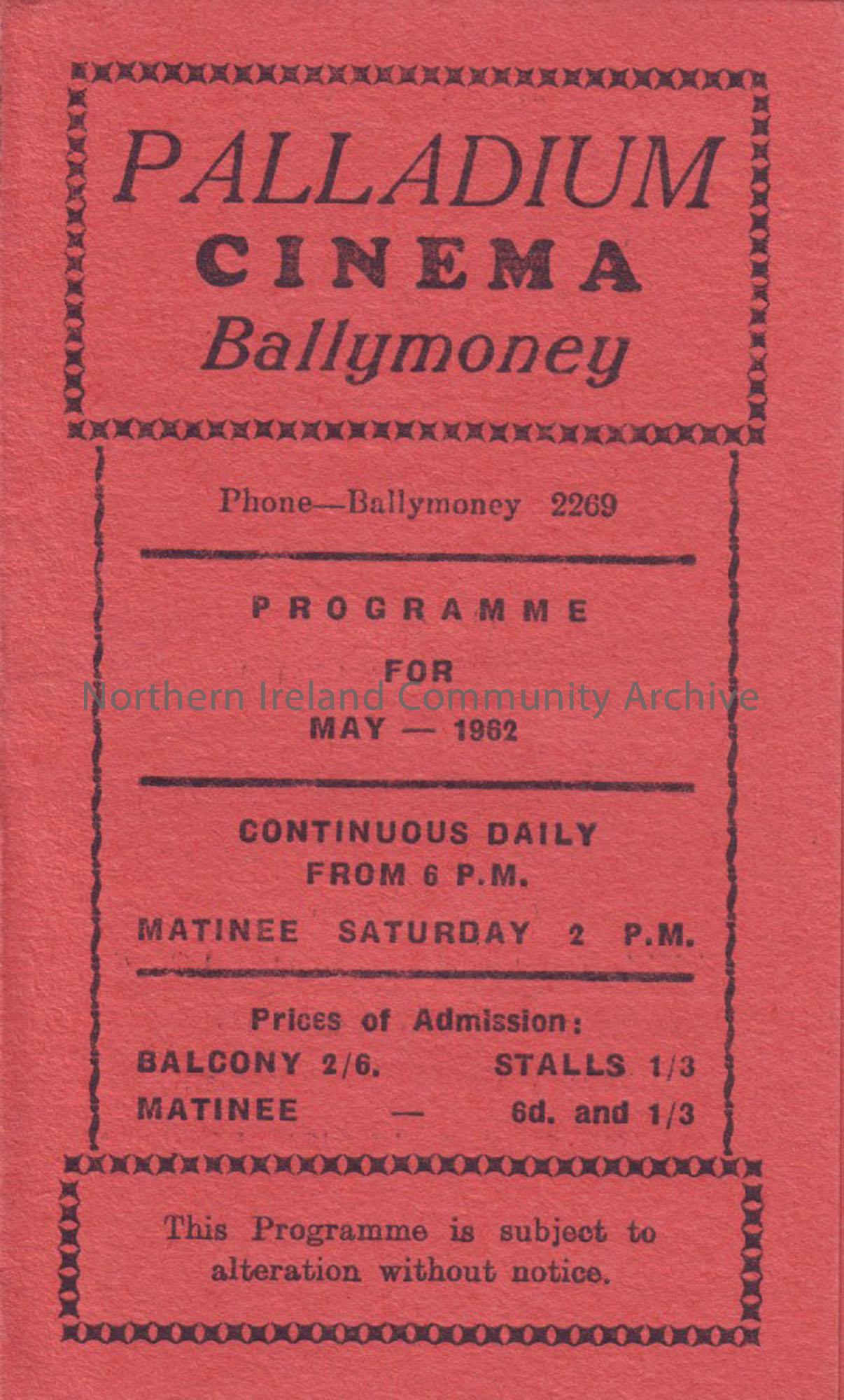 red monthly programme for Ballymoney Palladium cinema- May 1962