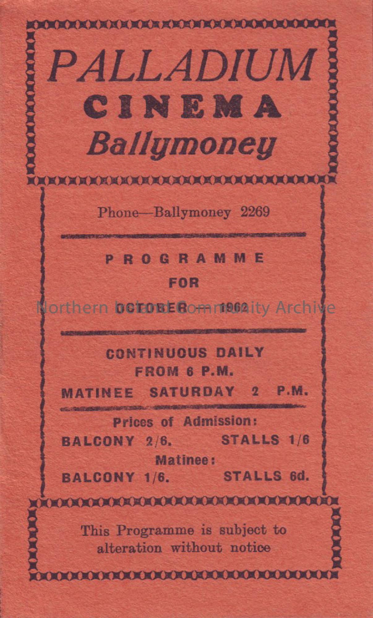 orange monthly programme for Ballymoney Palladium cinema- October 1962