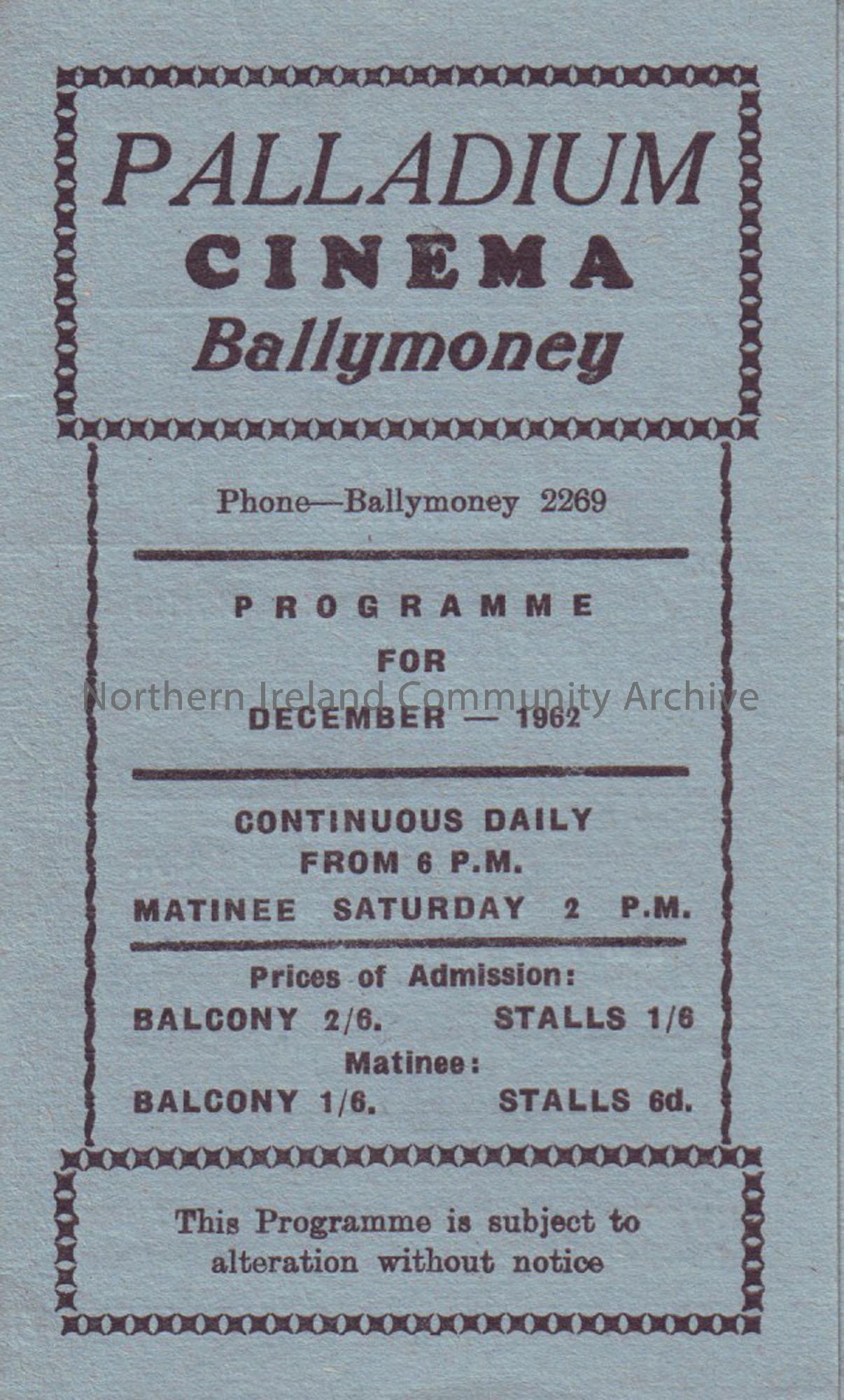 blue monthly programme for Ballymoney Palladium cinema- December 1962