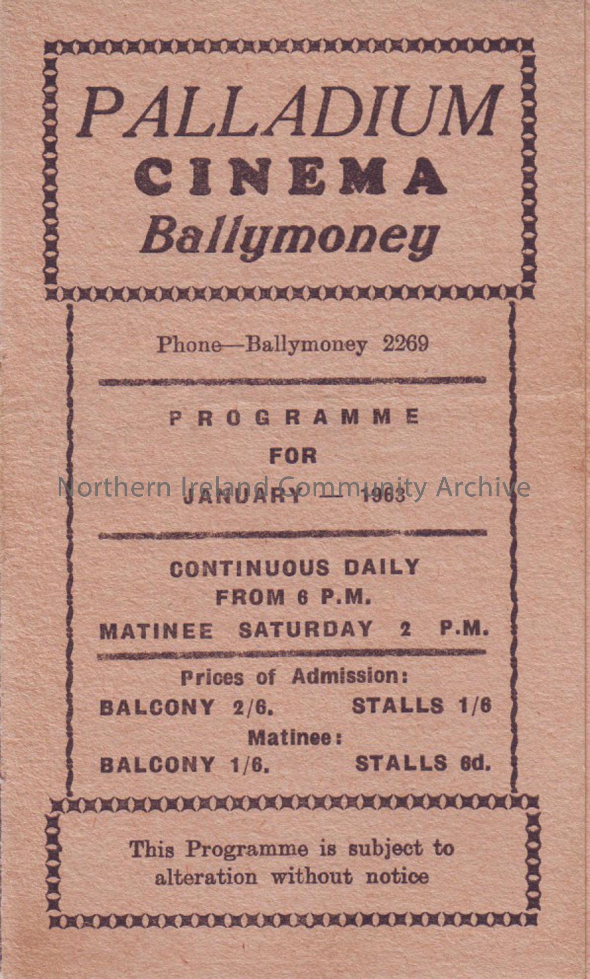 cream monthly programme for Ballymoney Palladium cinema- January 1963