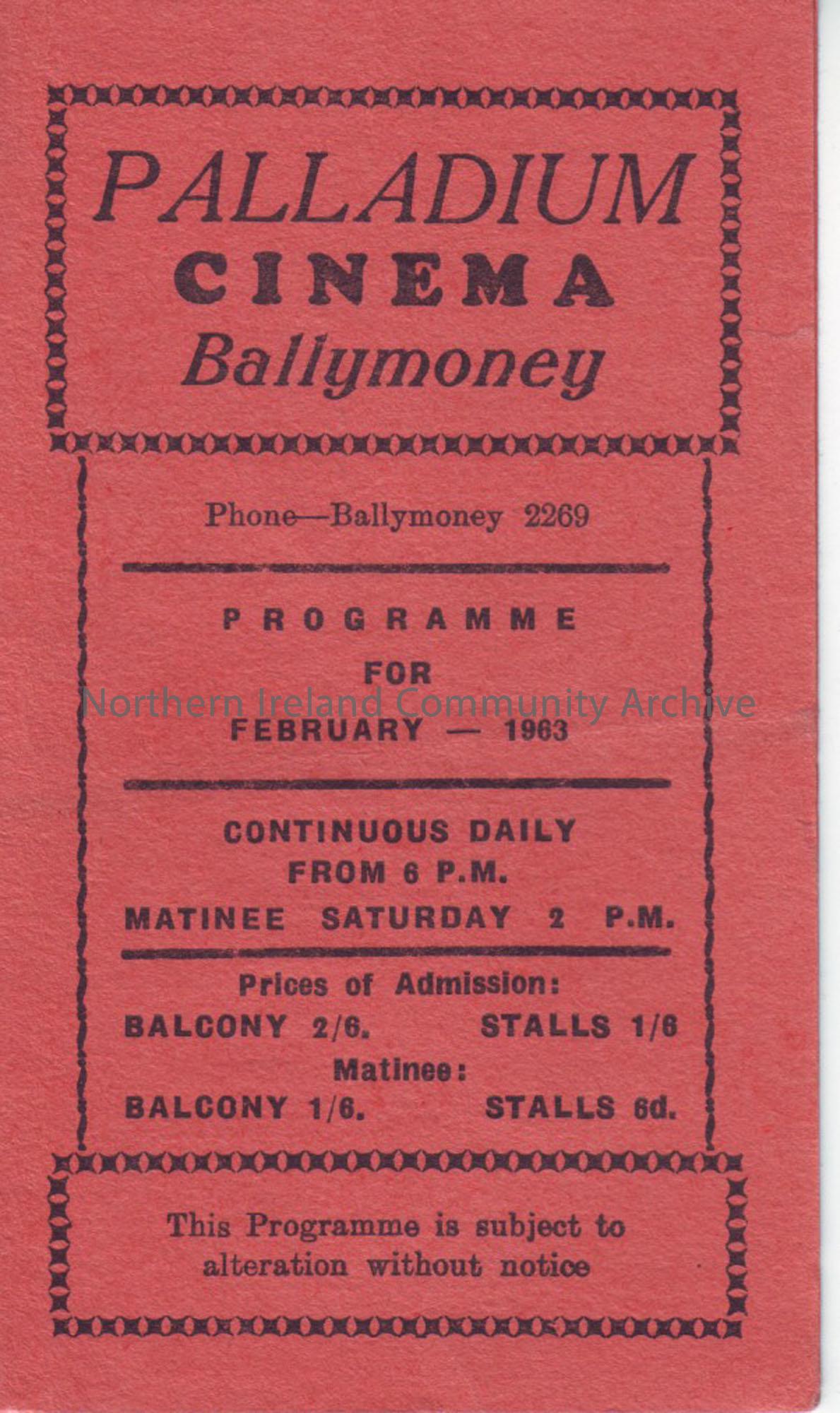 blue monthly programme for Ballymoney Palladium cinema- February 1963
